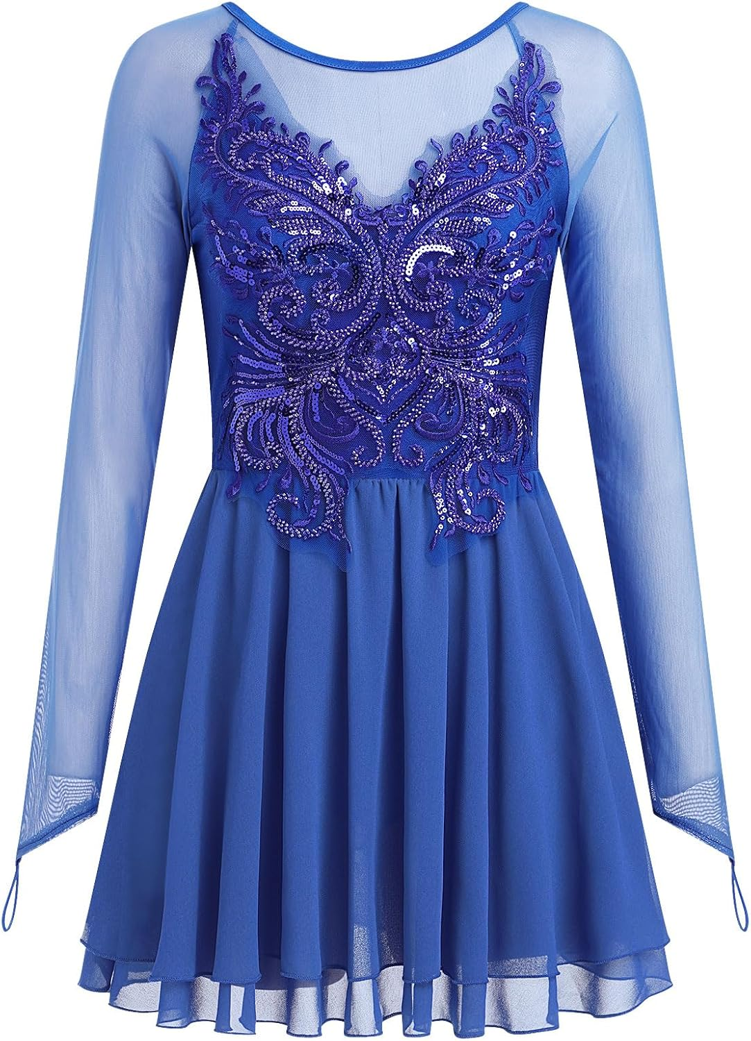 ODASDO Figure Skating Dress for Women Mesh Long Sleeve Criss Cross Back Sequin Bead Chiffon Skirted Leotard Dancewear image number 3