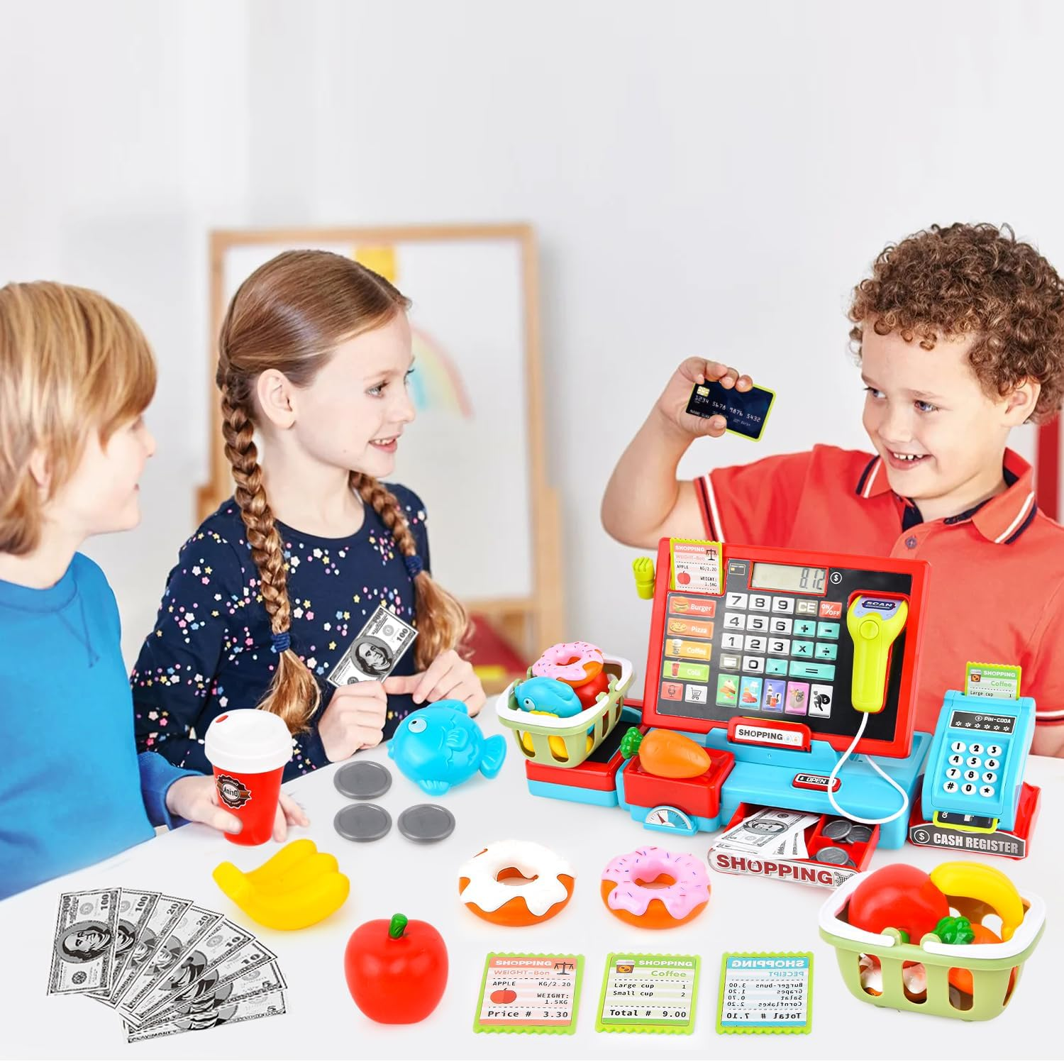 Cash Register Toys for Kids Pretend Play Store Supermarket Cash Register with Real Calculator,Scanner,Food,Microphone, Educational Learning Toy Playset Gift for Toddler Boy Girl (Blue) image number 3