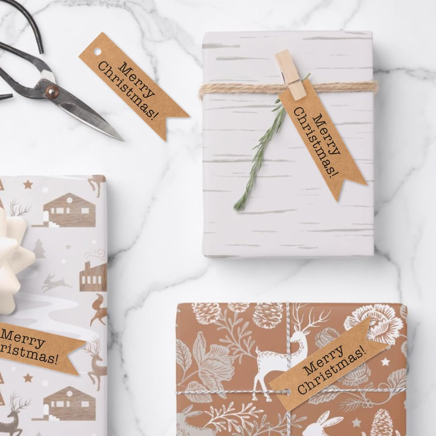 100PCS Christmas Paper Gift Tags,Merry Christmas Label Hanging Tag for DIY Xmas Present Envelopes Gift Wrapping Decorations (Brown) image number 1