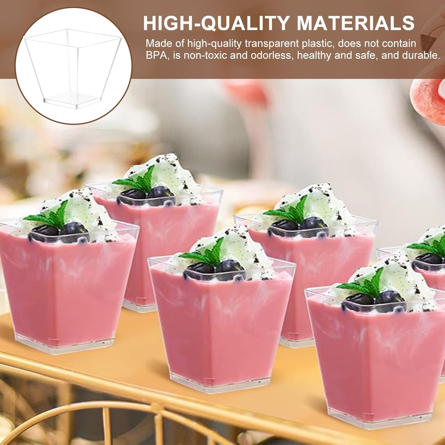 50 X 105Ml Dessert Cups with Spoons, Reusable Mini Clear Plastic Cups, Plastic Square Cup, Clear Dessert Shooter Cups BPA Free, for Appetizer, Puddings, Mousse, Yogurt and Ice Cream image number 5