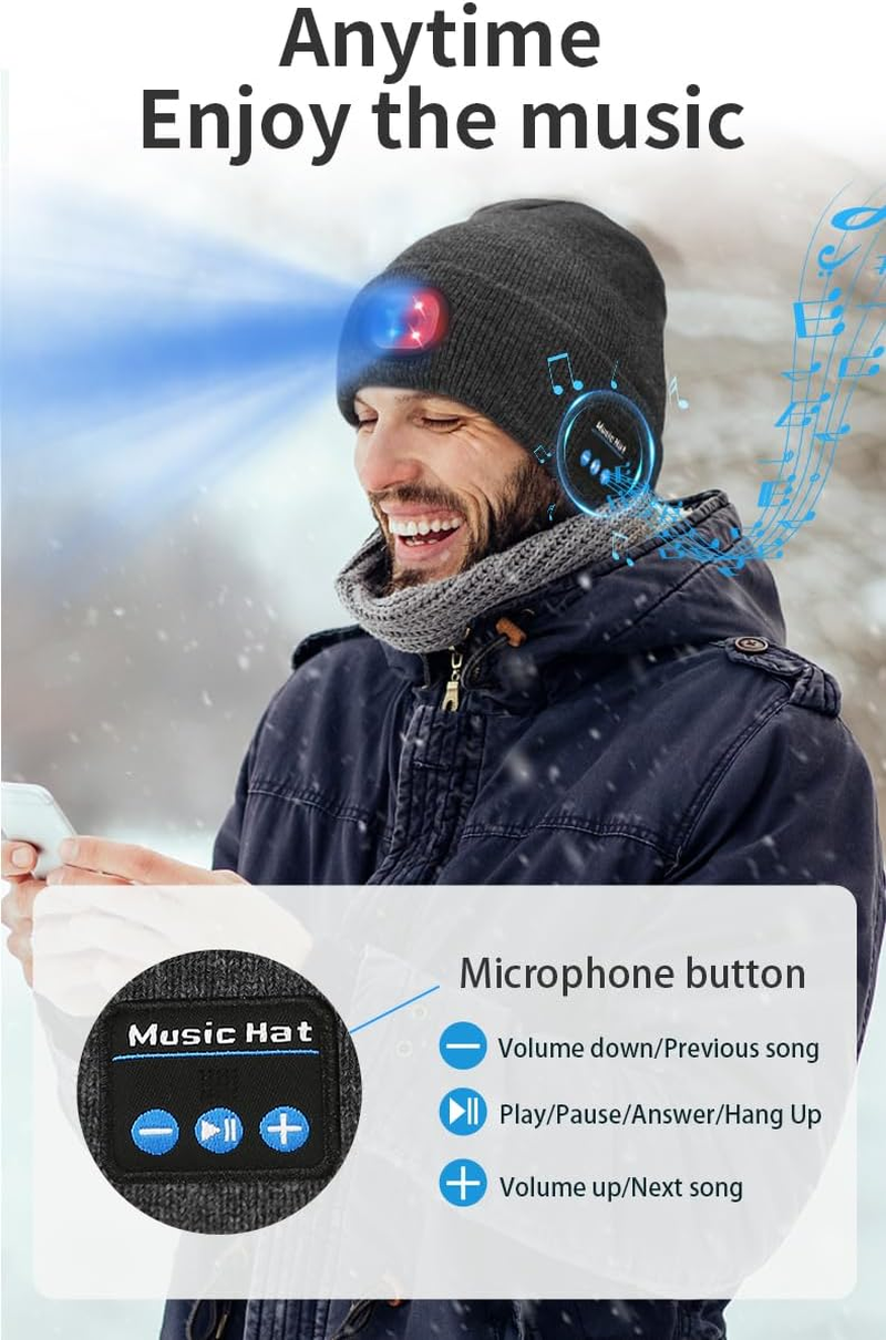 HEYITOP Bluetooth Beanie Hat with Lights,Unisex USB Rechargeable 6 LED Lights Hat,3 Modes (Low, High, Flash),Headlamp Cap with Wireless Headphones Gifts for Men Dad Teen Black
