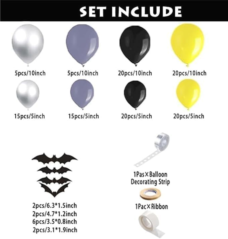 WODJR 124Pcs Bat Balloon Garland Bat Party Decorations Black Yellow Balloon Garland Black Yellow Grey Silver Balloons Black Yellow Silver Grey Latex Balloons for Bat Party Supplies Hero Birthday Decor