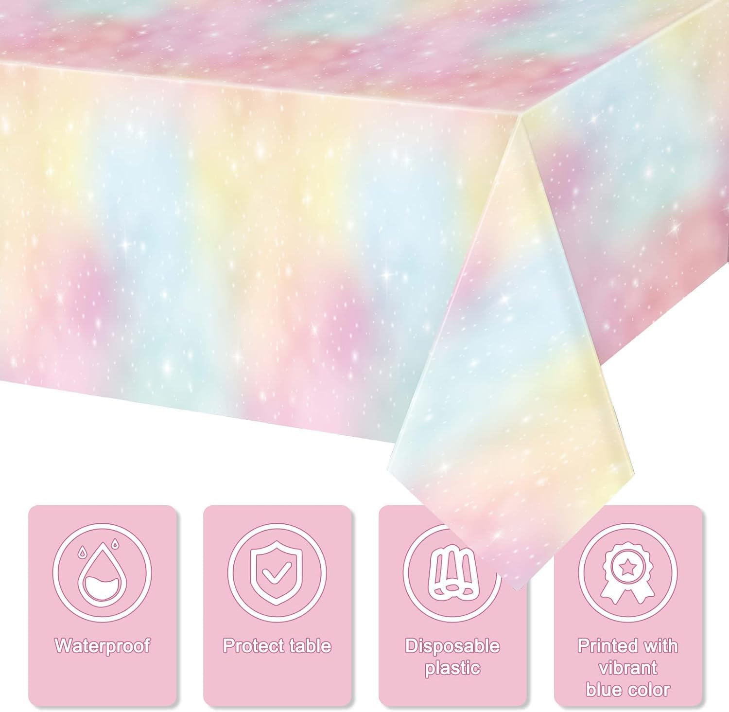 Acemedia 3 Pieces Pastel Rainbow Tablecloths Birthday Party Decoration Rectangle Plastic Disposable Table Cover Waterproof Boho Rainbow Table Cloths Girls Baby Shower Unicorn Party Supplies image number 5