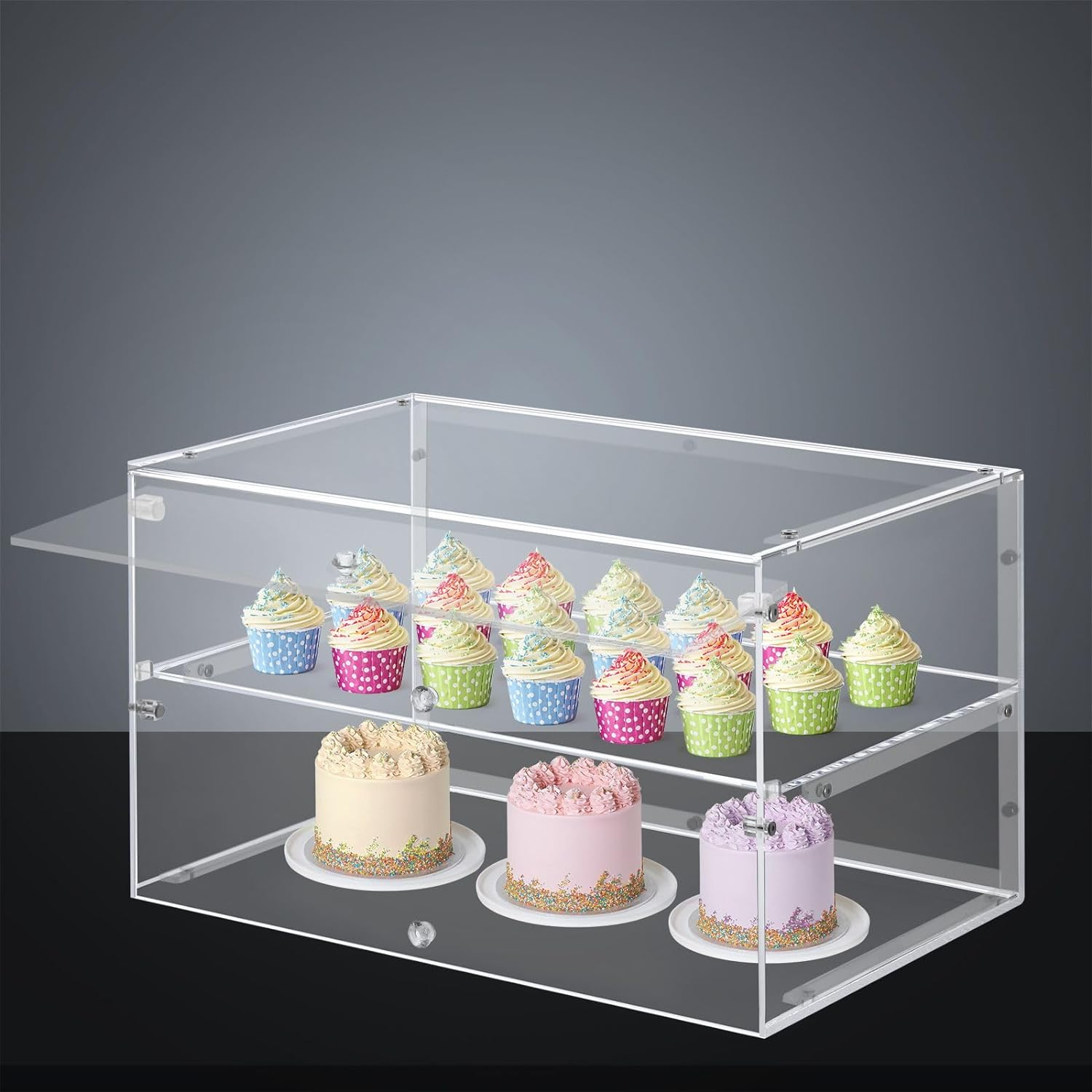 Maxkon 2 Tier Cupcake Display Cabinet Acrylic Cake Bakery Case Stand Muffin Donut Pastry Model Showcase Countertop Flip-Up Door image number 1