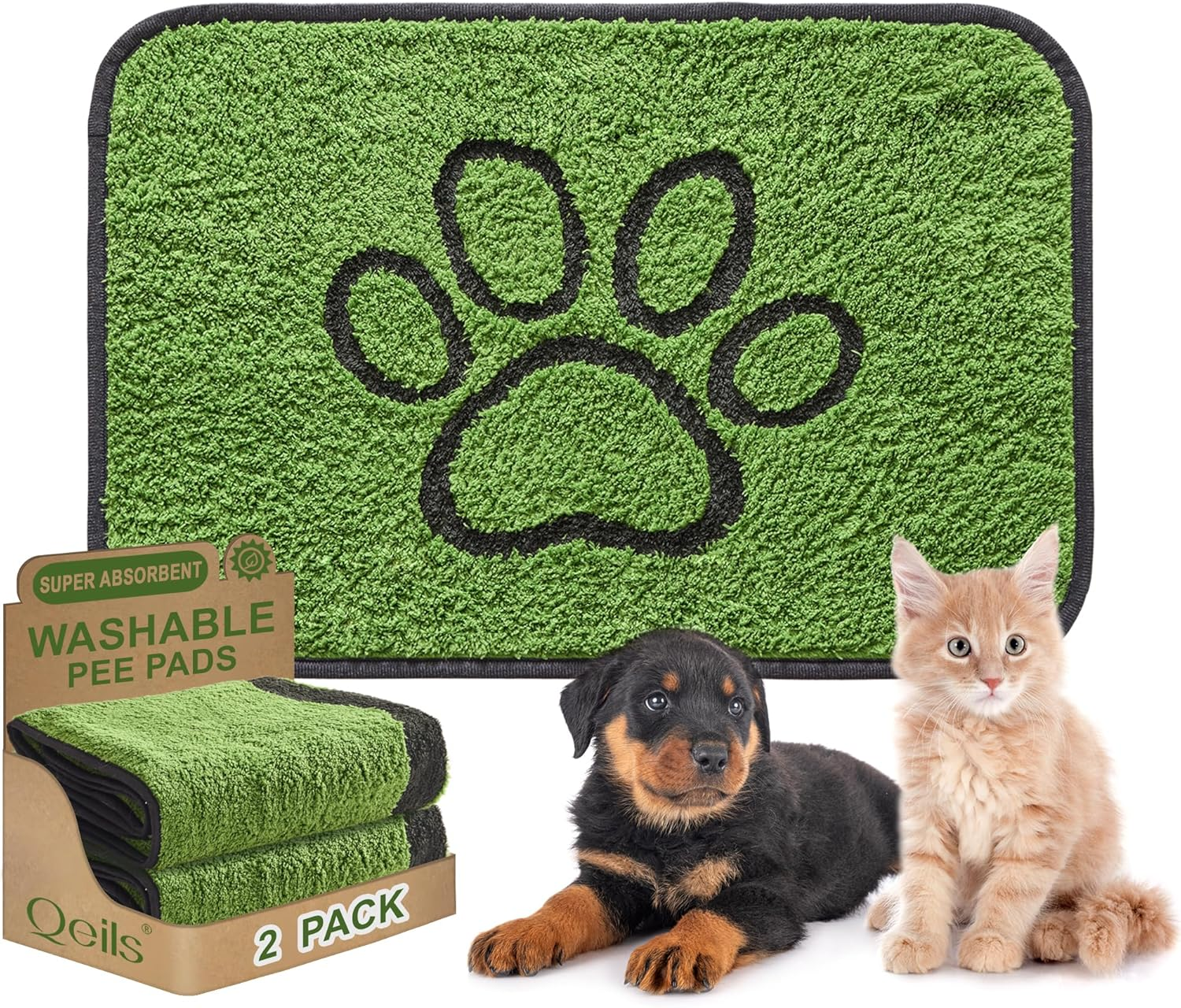 Qeils Washable Pee Pads for Dogs, 2 Pack Super Absorbent Reusable Puppy Pads with Green Long Wool for Potty Training, Floor, Couch, Bed, and Crate,24"X 36"