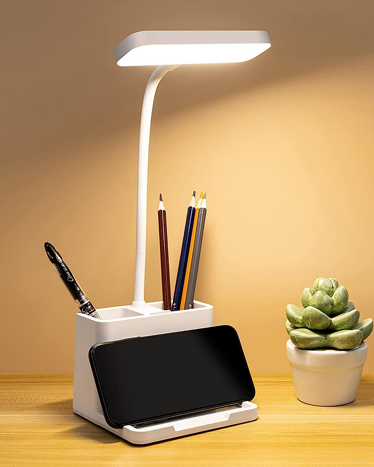 Youker Desk Lamp 3 Colors LED Table Light with Pen Holder Stepless Dimming Study Lamp with Flexible Gooseneck Eye-Caring Bedside USB Rechargeable Desk Lamp for Home Office image number 4