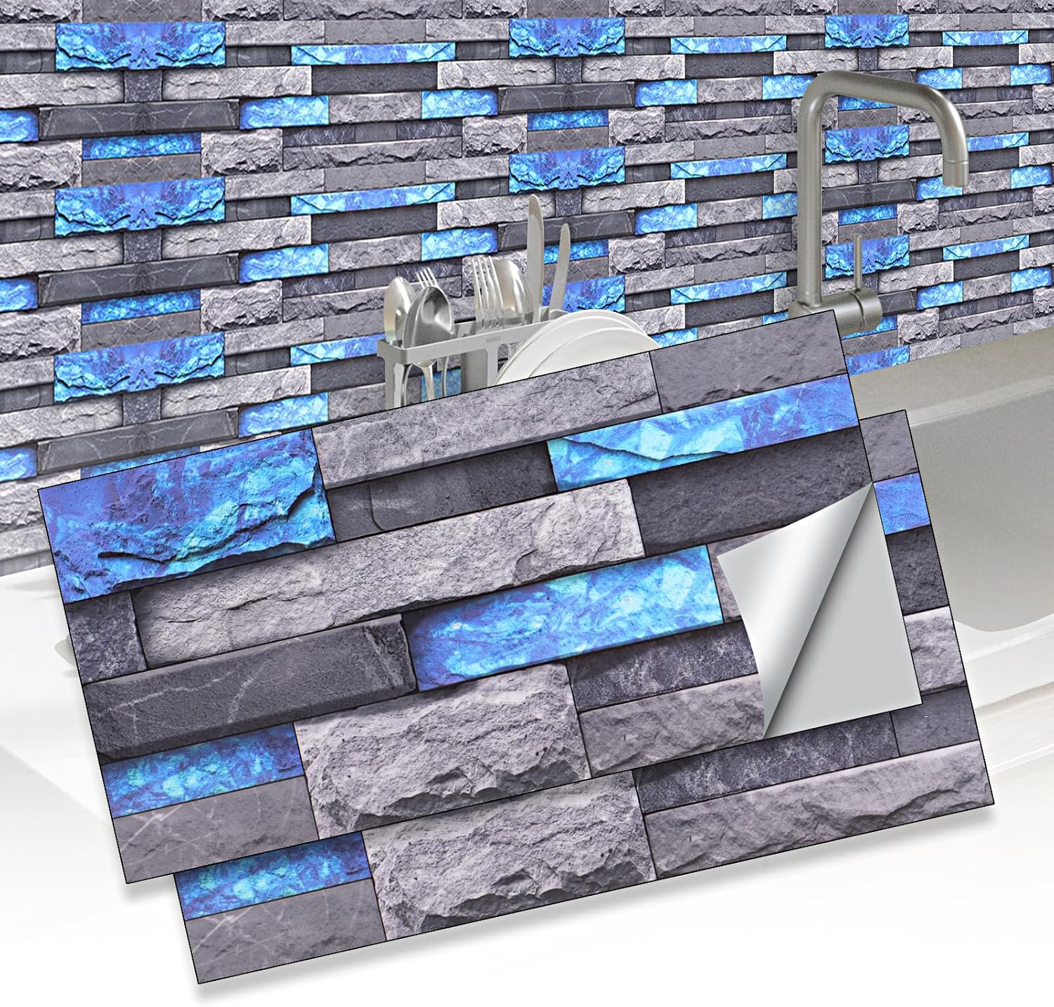 Ztowoto 12 PCS Tile Stickers Self Adhesive,Waterproof Peel and Stick Wall Tiles 30X15 Cm，Non-Slip 3D Stick on Tiles，Self Adhesive Wall Tiles for Bathroom Kitchen Living Room Bedroom (12, Blue-Gray)