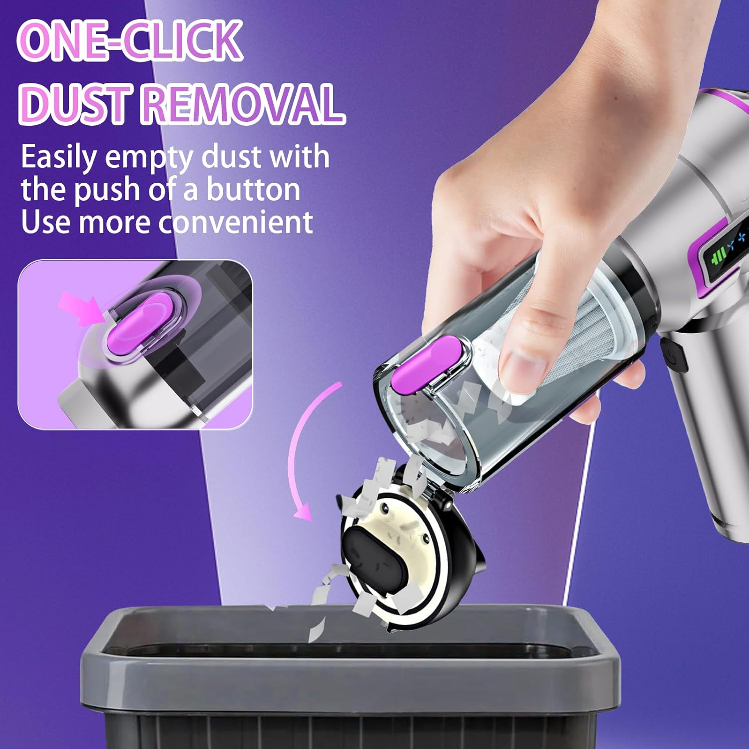 Lyiazsoy Car Vacuum Cleaner Cordless,27000Pa High Power Mini Vacuum Cleaner,Rechargeable Handheld Vacuum Cleaner,Car Hoovers for Pet Hair, Home, Office, Kitchen(Purple) image number 6