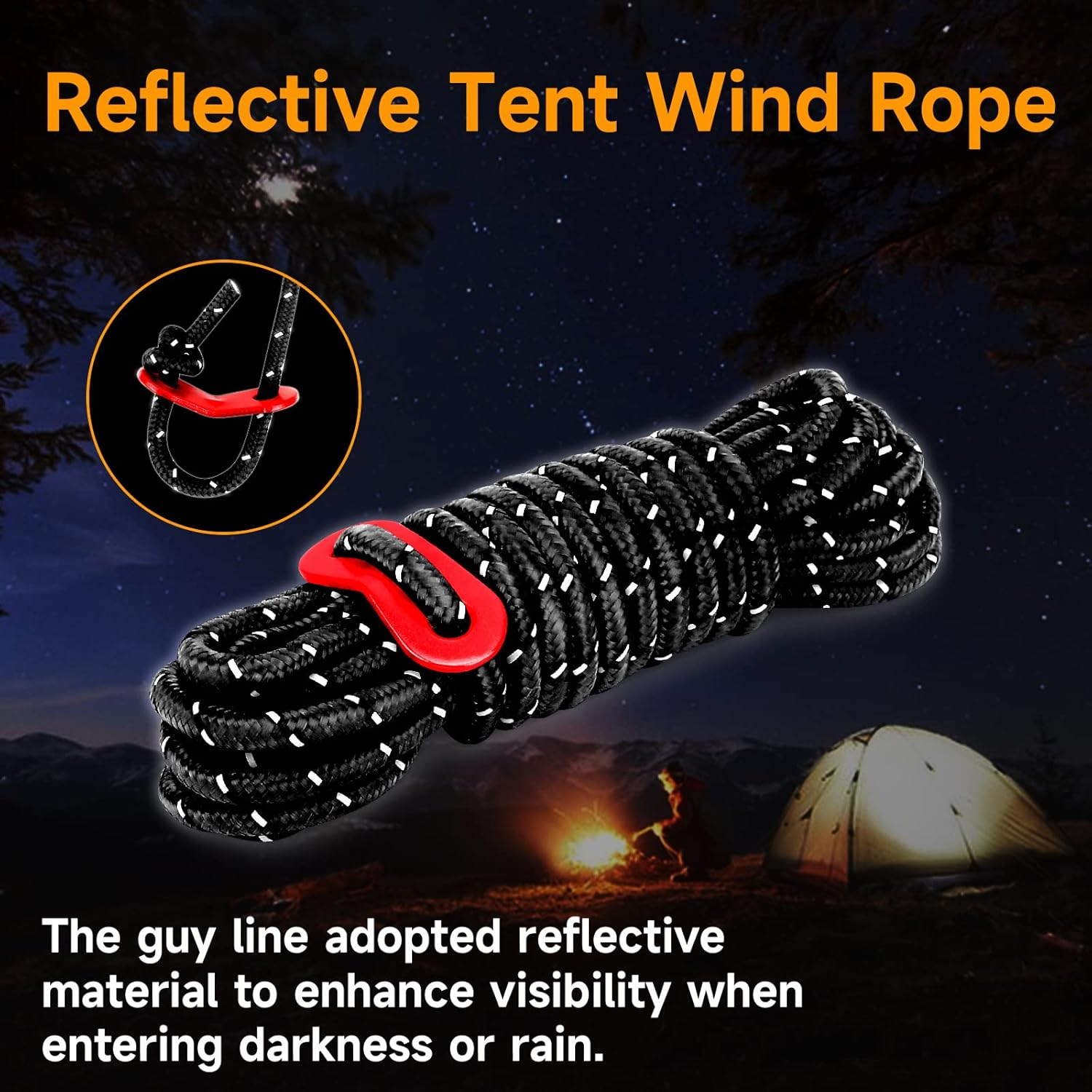 KOMCLUB 4Mm Reflective Guy Lines Tent Cords, Lightweight Camping Rope with Aluminum Guylines Adjuster Tensioner Pouch for Tent Tarp Canopy Sheleter Camping Hiking (Black- 8 Pack) image number 3