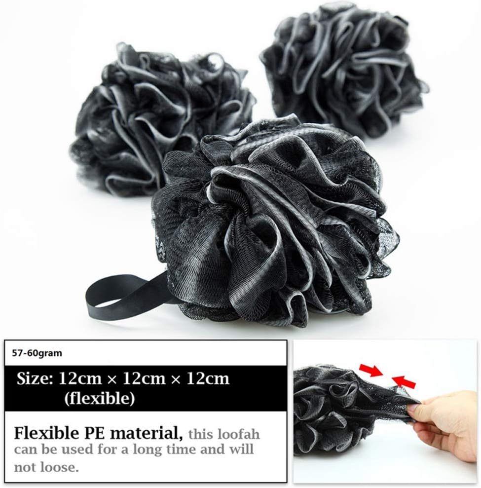 Shower Bath Sponge, 3Pcs Black Bath Shower Sponge Exfoliating Pouf Loofahs, Gentle Shower Scrub Mesh Body Brush Ball, the Best Bathing Companion for Women Men image number 5