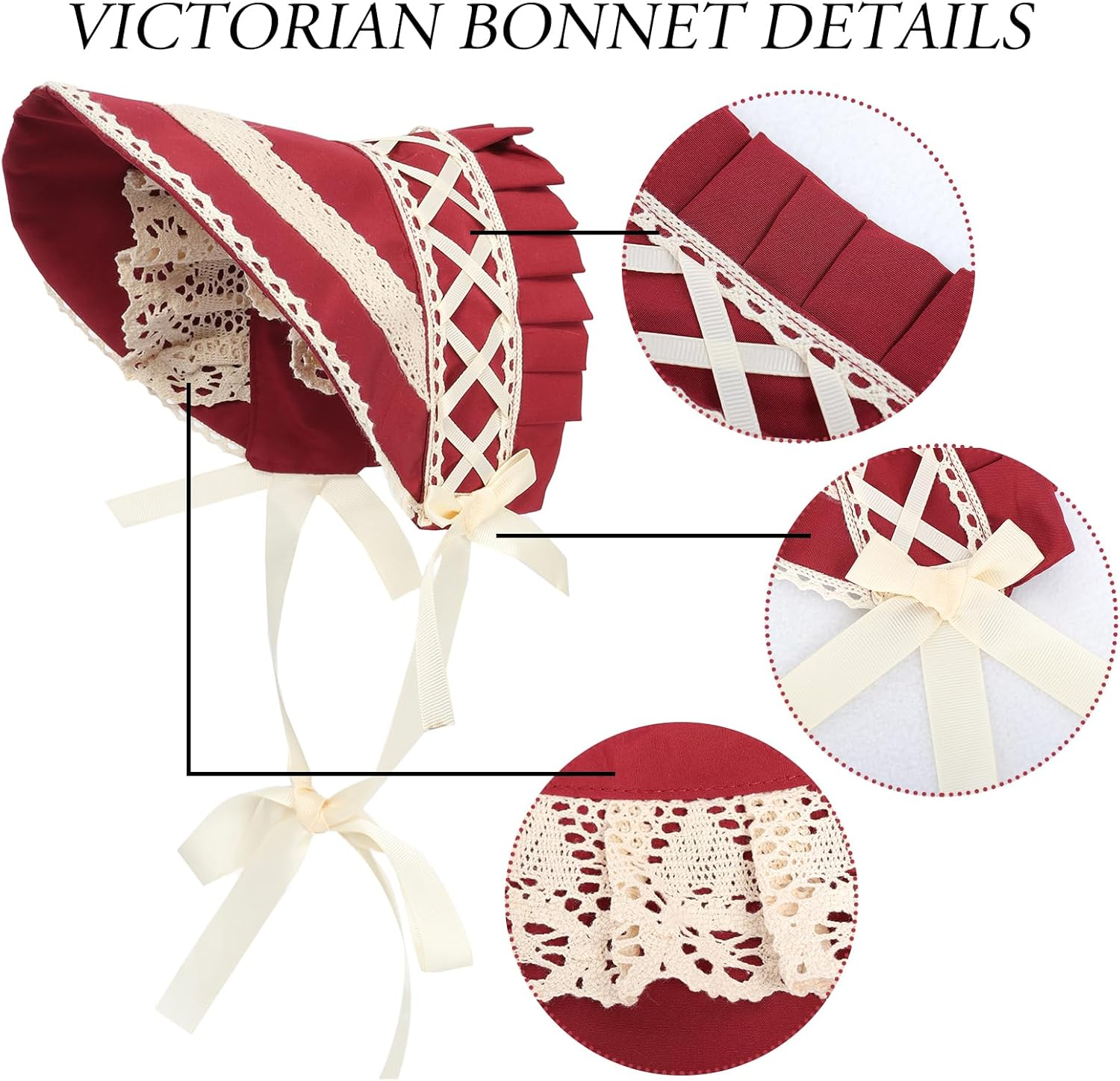 FURPHI Victorian Bonnet Colonial Pioneer Hat with Lace Tea Party Costume Sun Cap for Women - Pink image number 3