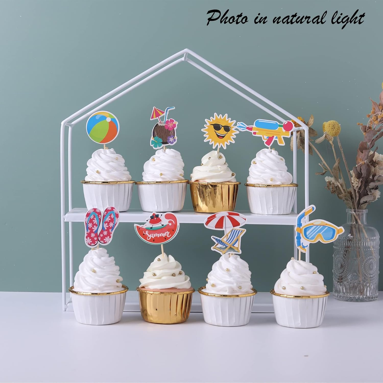 SYKYCTCY 32 Pack Summer Beach Pool Cupcake Toppers Ball Sun Umbrella Diving Goggles Watermelon Water Gun Slippers Cupcake Picks Baby Shower Hawaii Beach Pool Theme Birthday Party Cake Supplies image number 5