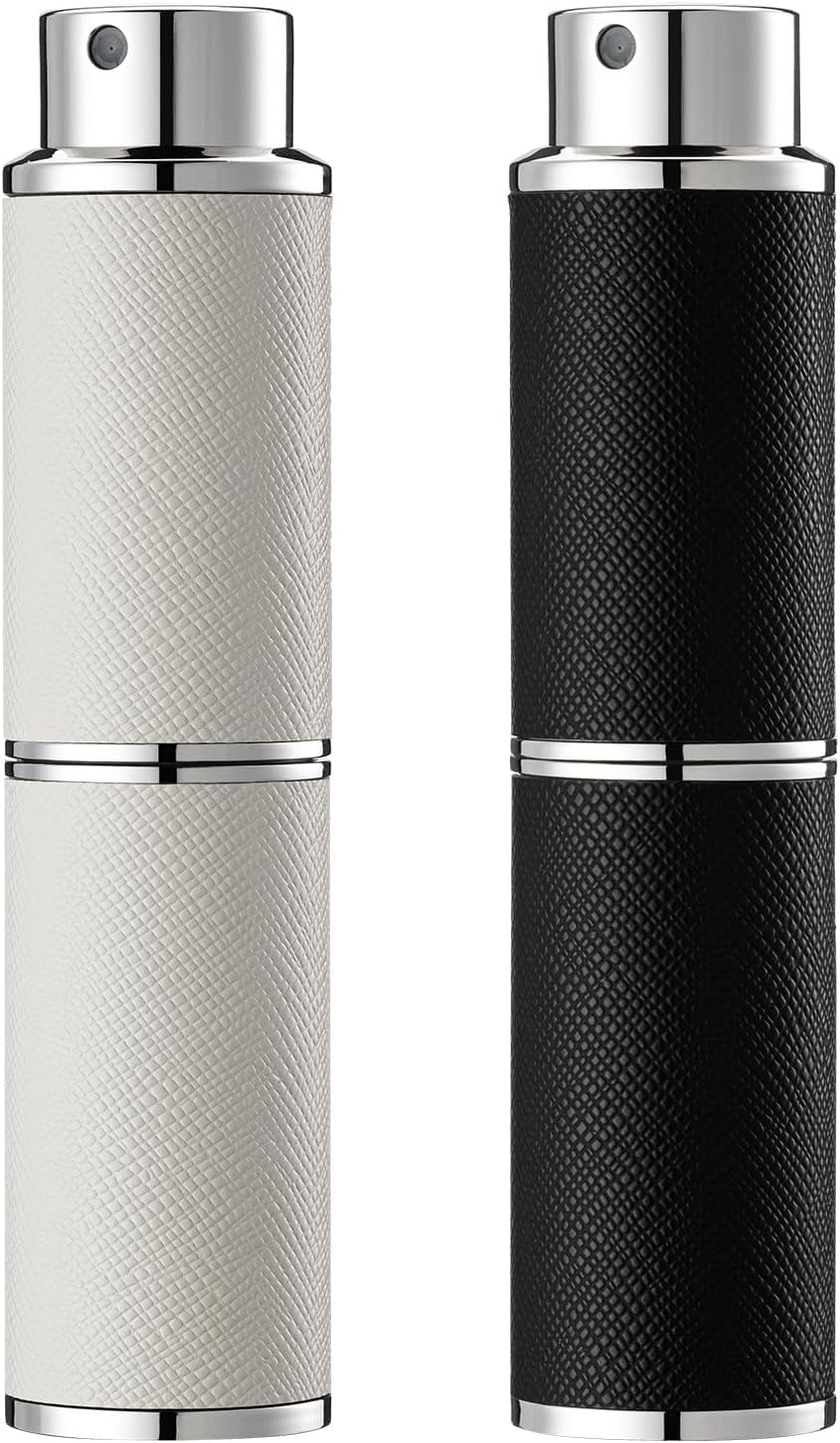 Owlyee Travel Perfume Bottle Refillable - 8ML Leather Empty Mini Cologne Spray Atomizer Men - Small Fragrance Sample Sprayer - Portable Refill Travel Essentials Container with Black White