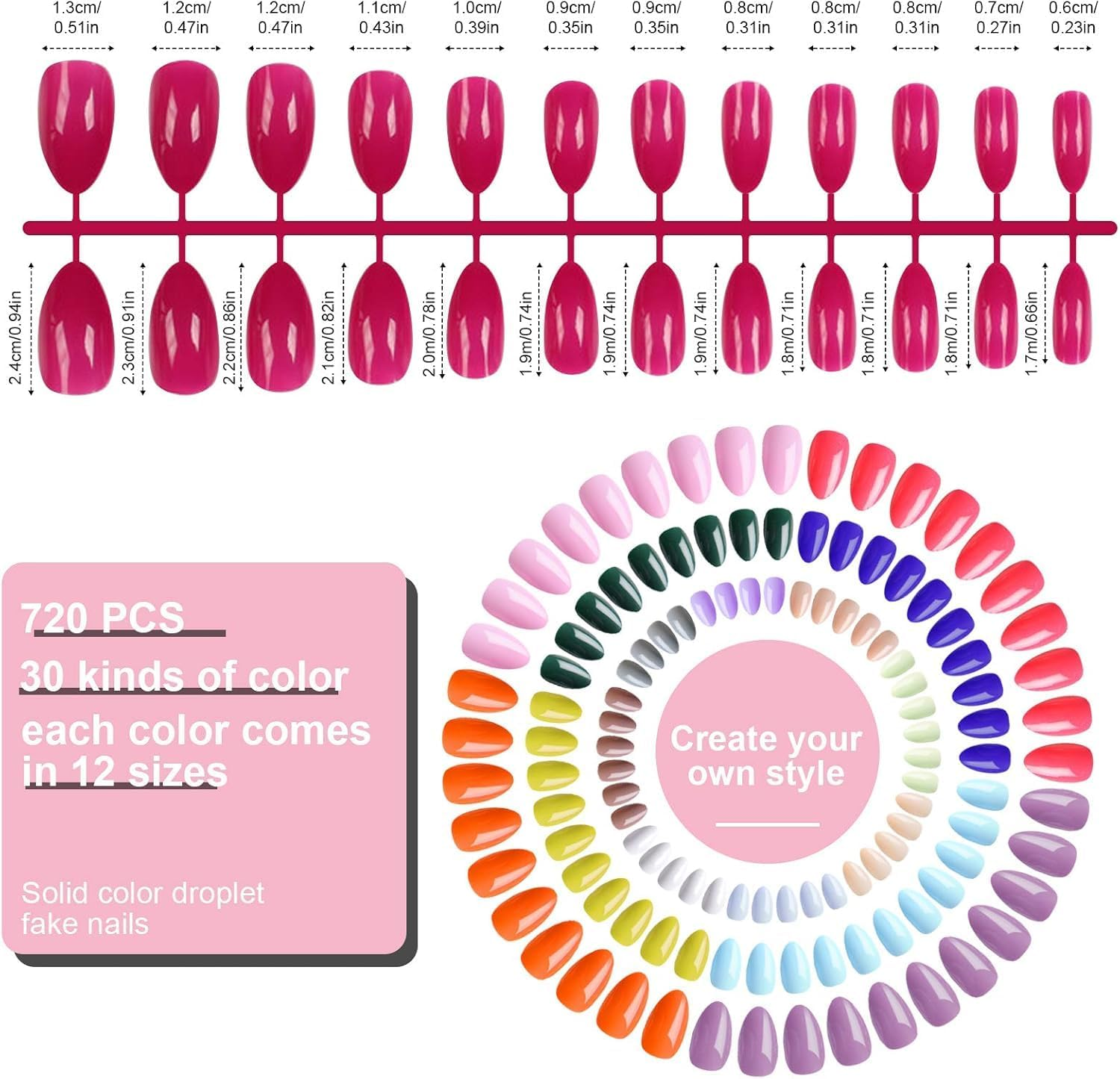 720PCS Short Glossy Stiletto Fake Nails, EBANKU 30 Colors Full Cover False Nails Almond Acrylic Artificial Nail with Nail File for Woman Nail Art DIY Decoration at Home Salon(Glues Not Included) image number 6