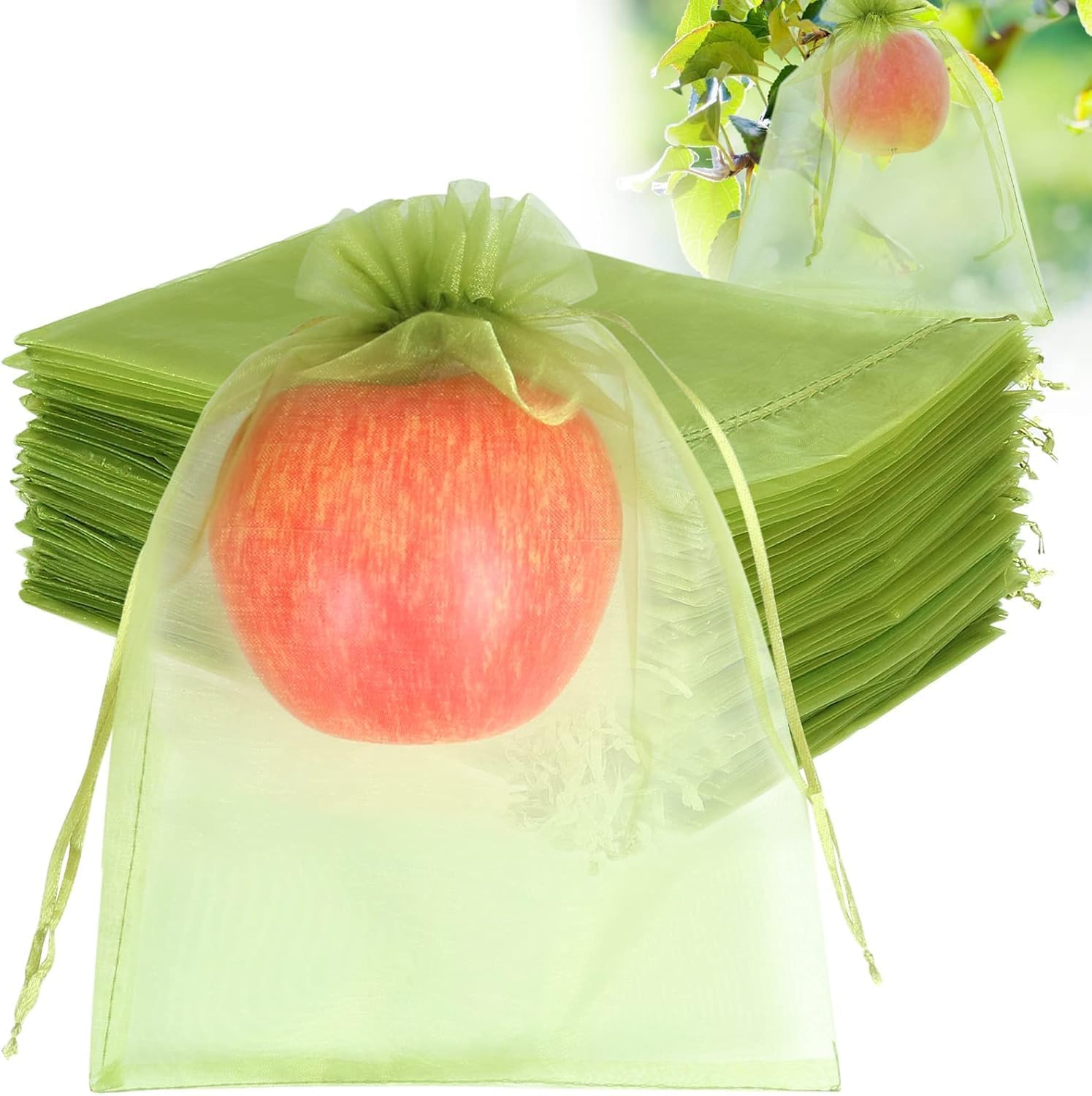 100Pcs Fruit Protection Bags 15 * 20Cm, Green Netting Cover Bags Drawstring Mesh Fruit Protectors Pest Barrier for Tomato Mango Trees Veggies Garden image number 4