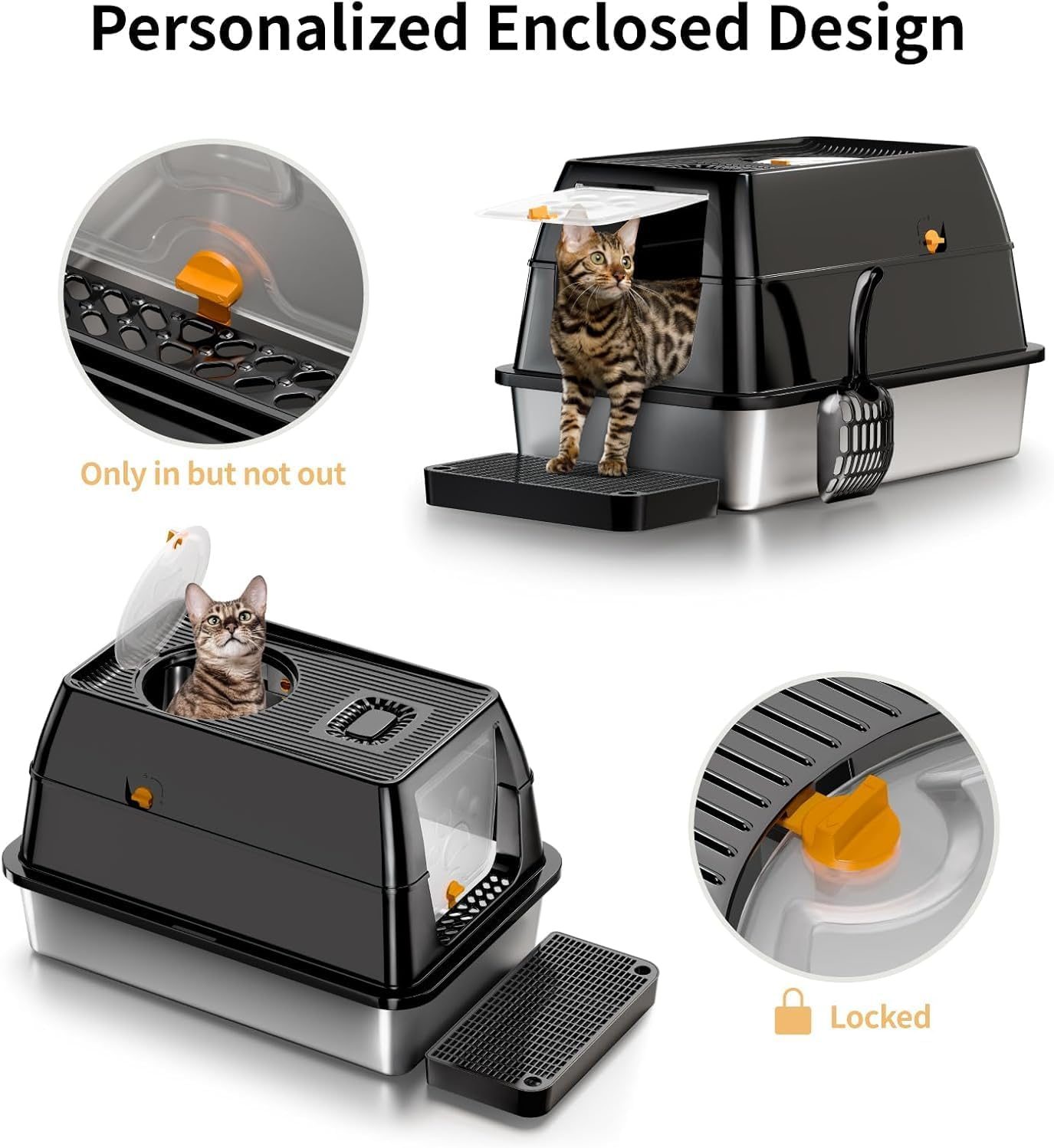 Stainless Steel Cat Litter Box with Lid, Large Enclosed High Sided Litter Box with Removable Lid, Carbon Filters -Odor Free, Easy Cleaning, Anti-Urine Leakage for Big Cats (Black) image number 6