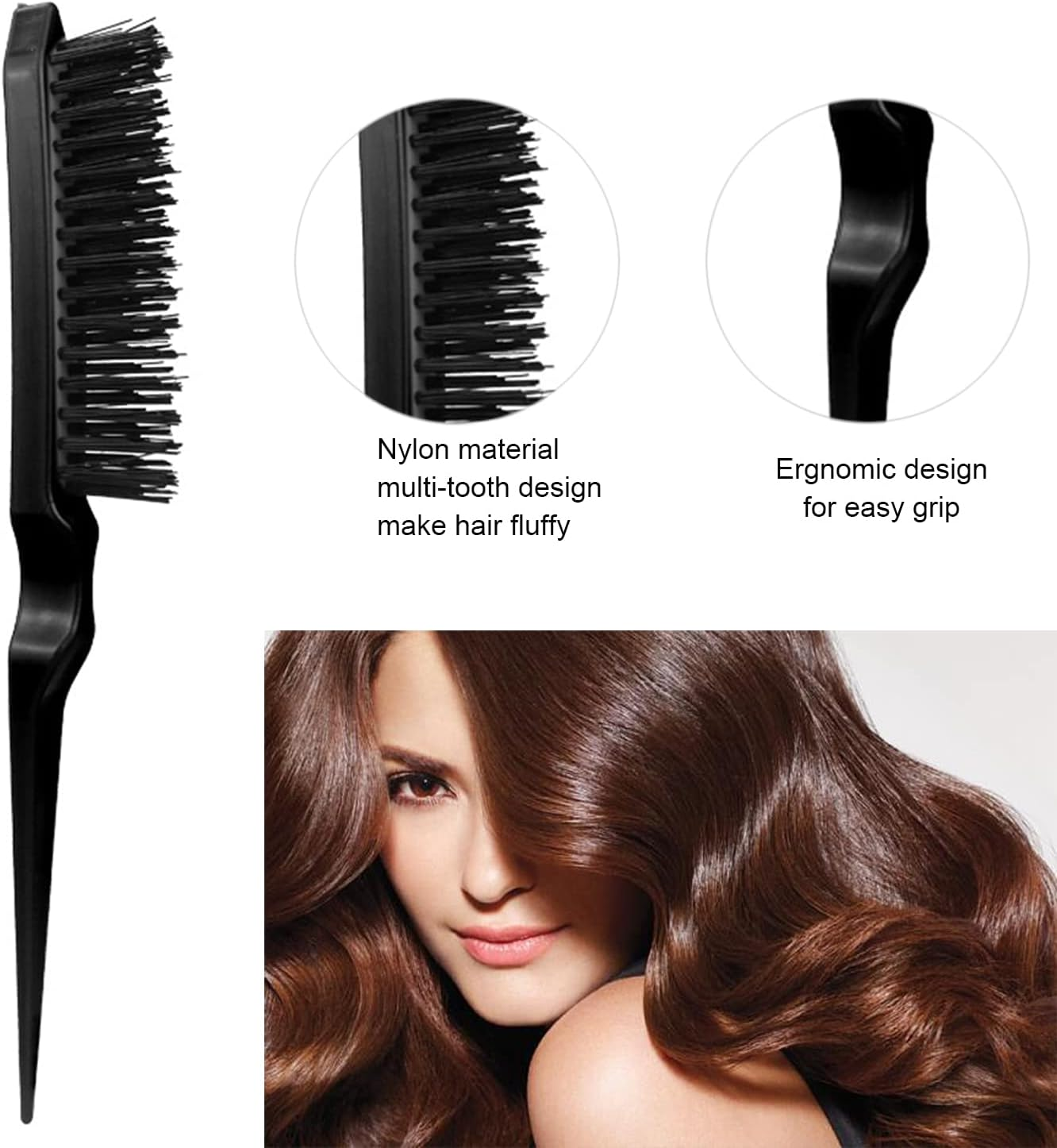 Sleek Bun Brush Set, Double Edge Brush, Teasing Hair Brush Set, Rat Tail Comb, for Hairdresser, Women, Baby, Children, Black, Pack of 3 image number 2