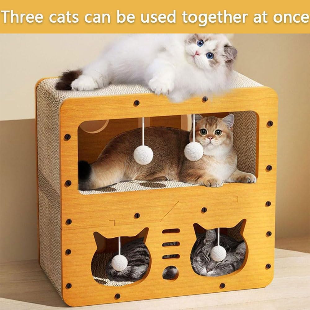 Double-Layer Cardboard Cat House &ndash; Indoor Cat Hideaway with Scratching Pads & Hanging Ball Toy, Durable Corrugated Cat Condo, Easy to Assemble for Kittens & Adult Cats (45&times;28&times;51Cm) image number 5