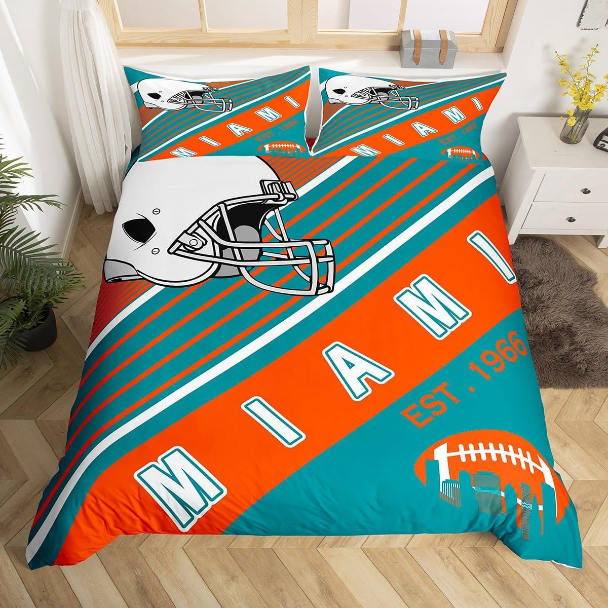 Erosebridal Sports Football Duvet Cover White and Sky Blue Rugby Helmet Bedding Set Twin, American Football City Themed Comforter Cover Retro 3D Ball Game Quilt Cover with 1 Pillowcase(Detroit)