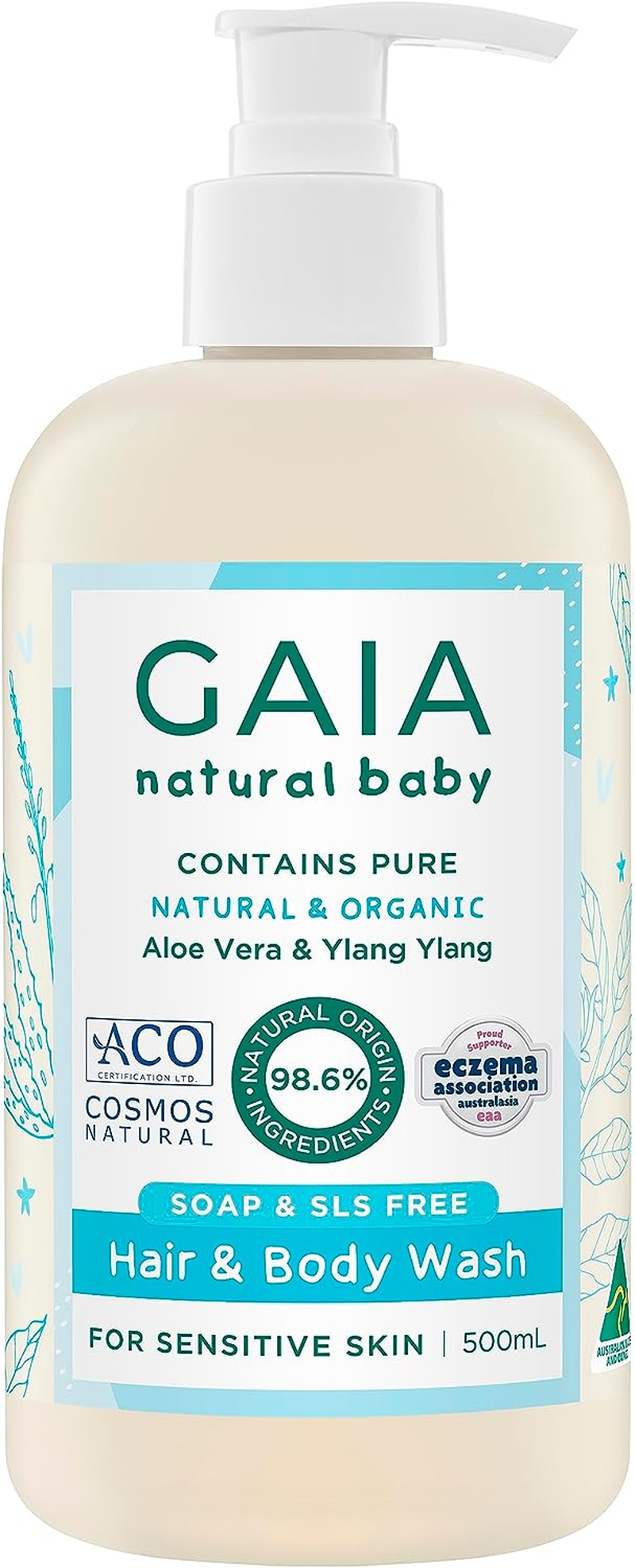 GAIA Natural Baby Hair & Body Wash | Certified Natural | Suitable for Newborns | Sensitive Skin Formula | Organic Aloe Vera | Soap Free | Perfume Free | Gentle Baby Wash | Australian Made | 500Ml image number 6