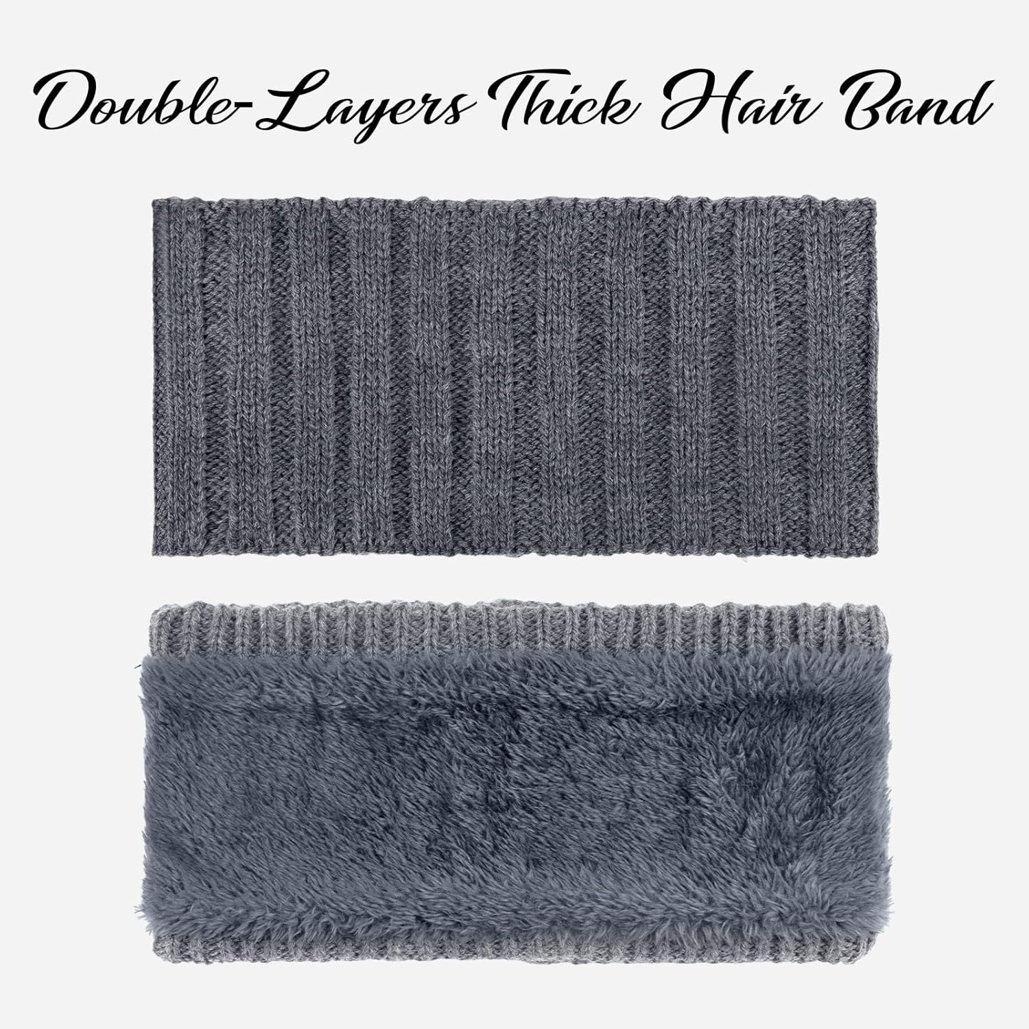 TOPTIE 2 Pcs Ear Muffs Headbands for Winter Women, White Knit Thick Ear Warmers Fleece Headband Lined Furry Cable Head Wrap - Black image number 6