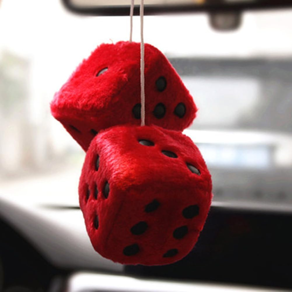 Car Mirror Hanging Furry Dice, Classic Vintage Soft Square Hanging Fuzzy Dice, Accessories Ornament Decoration for Car Rearview and Automotive Interior Mirror (Red)