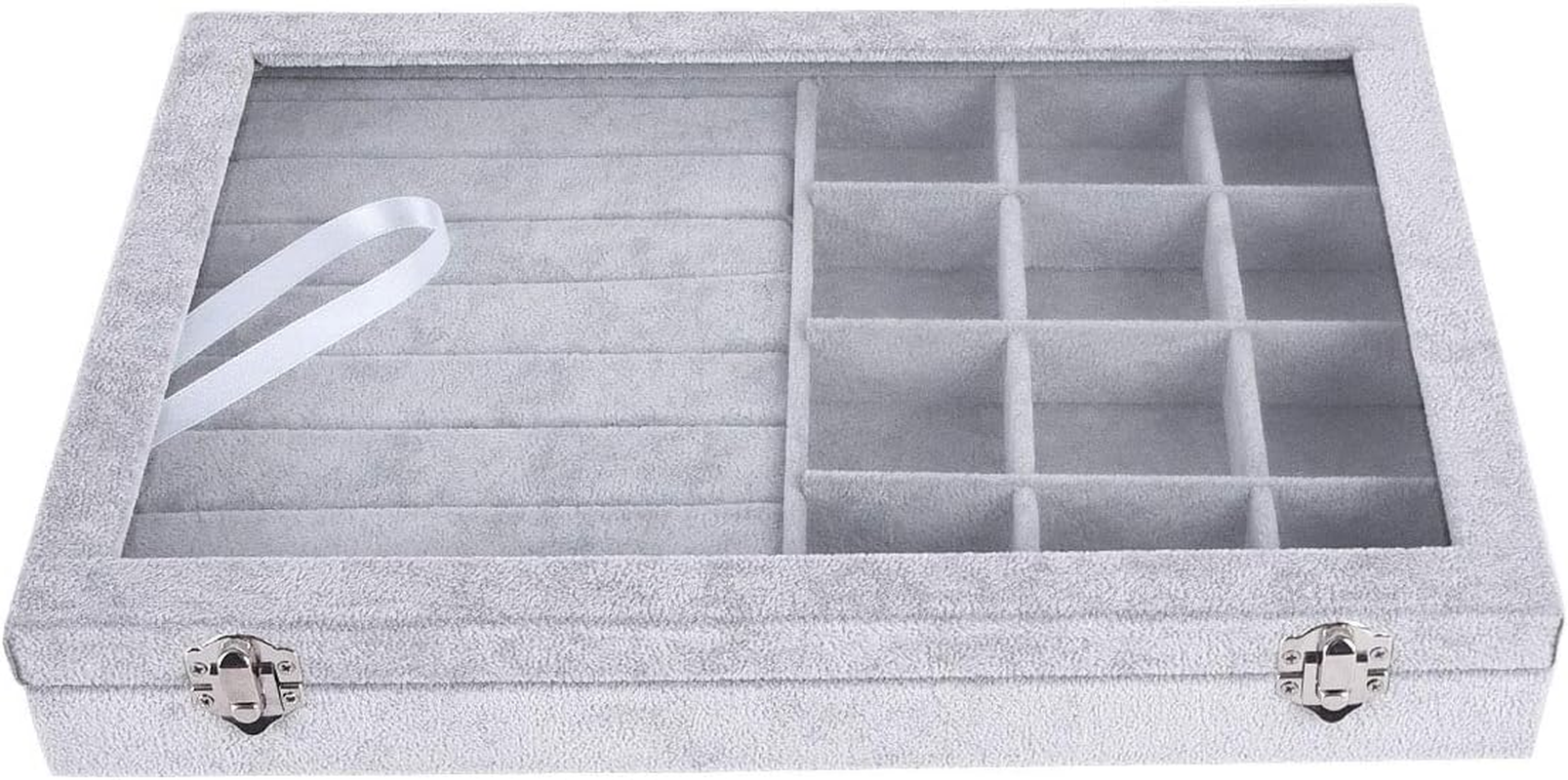 AUTOARK Ice Velvet Clear Lid 12 Grid Jewelry and 7 Slots Jewelry Rings Earrings Tray Showcase Display Organizer,Aj-026 image number 3