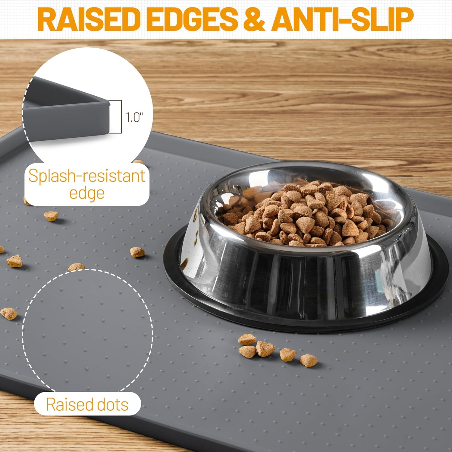 Hubulk Dog Cat Food Feeding Mat L (19"X12") XL (24"X16") or XXL (32X24) 0.5" & 1" Inch Raised Edge FDA Food-Grade Silicone Non Slip Waterproof Pet Food Mat Dog Bowl Placemat Large (XXL, Grey) image number 5