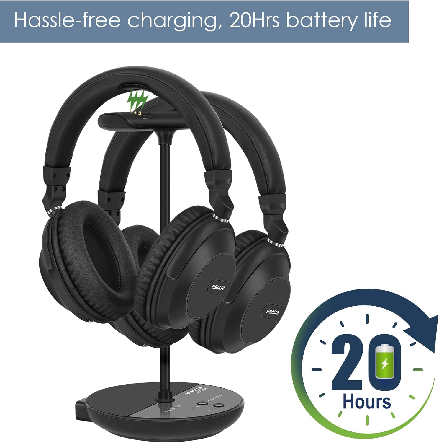 SIMOLIO JH-737D2 Dual Wireless TV Headphones, Bluetooth 5.2, Over-Ear, Black image number 3