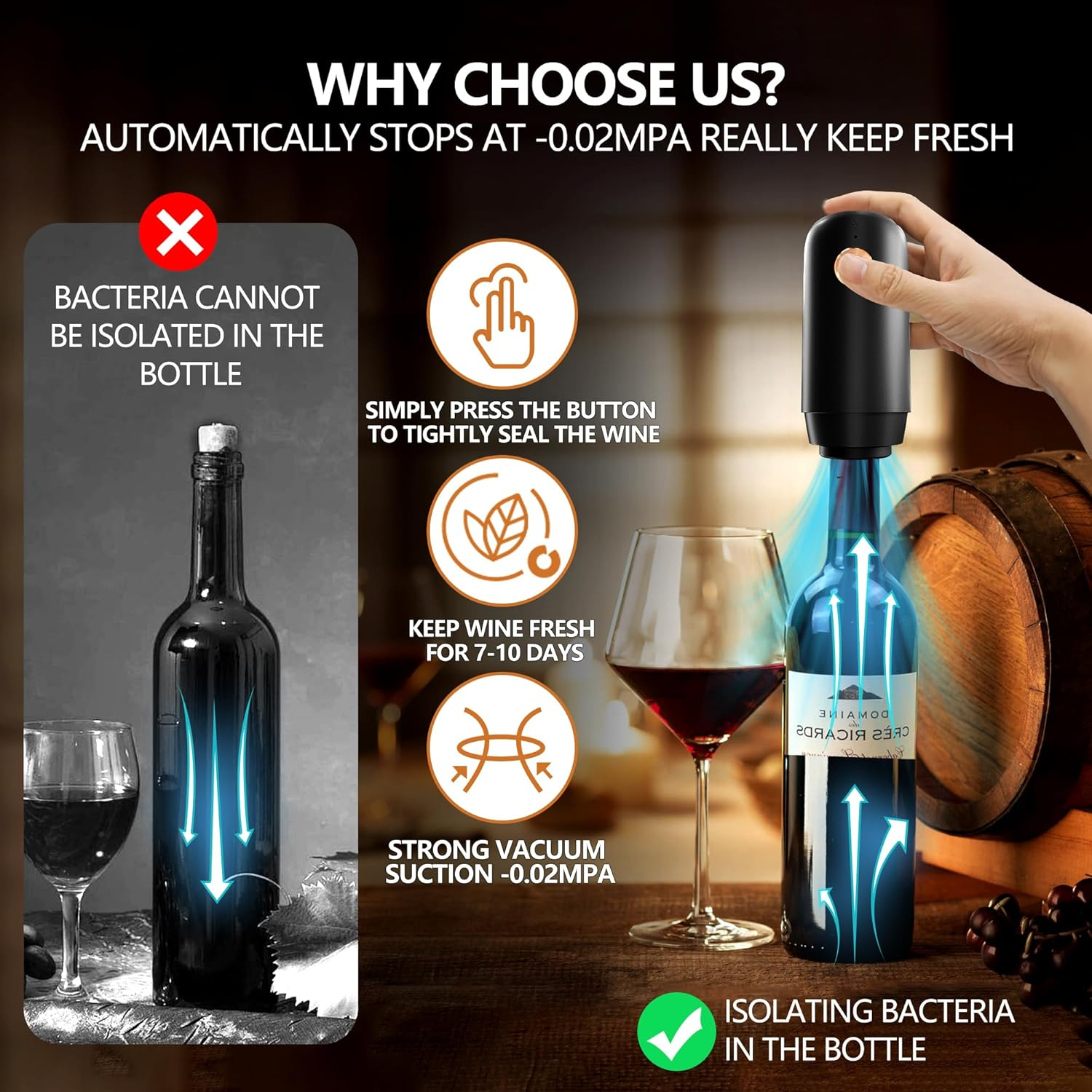 BGFOX Electric Wine Saver Pump with 4 Reusable Vacuum Stoppers, Automatic Wine Air Remover Pump Bottle Stoppers, Rechargeable Wine Preserver Bottle Sealer Keeps Wine Fresh, Gifts for Wine Lovers image number 1