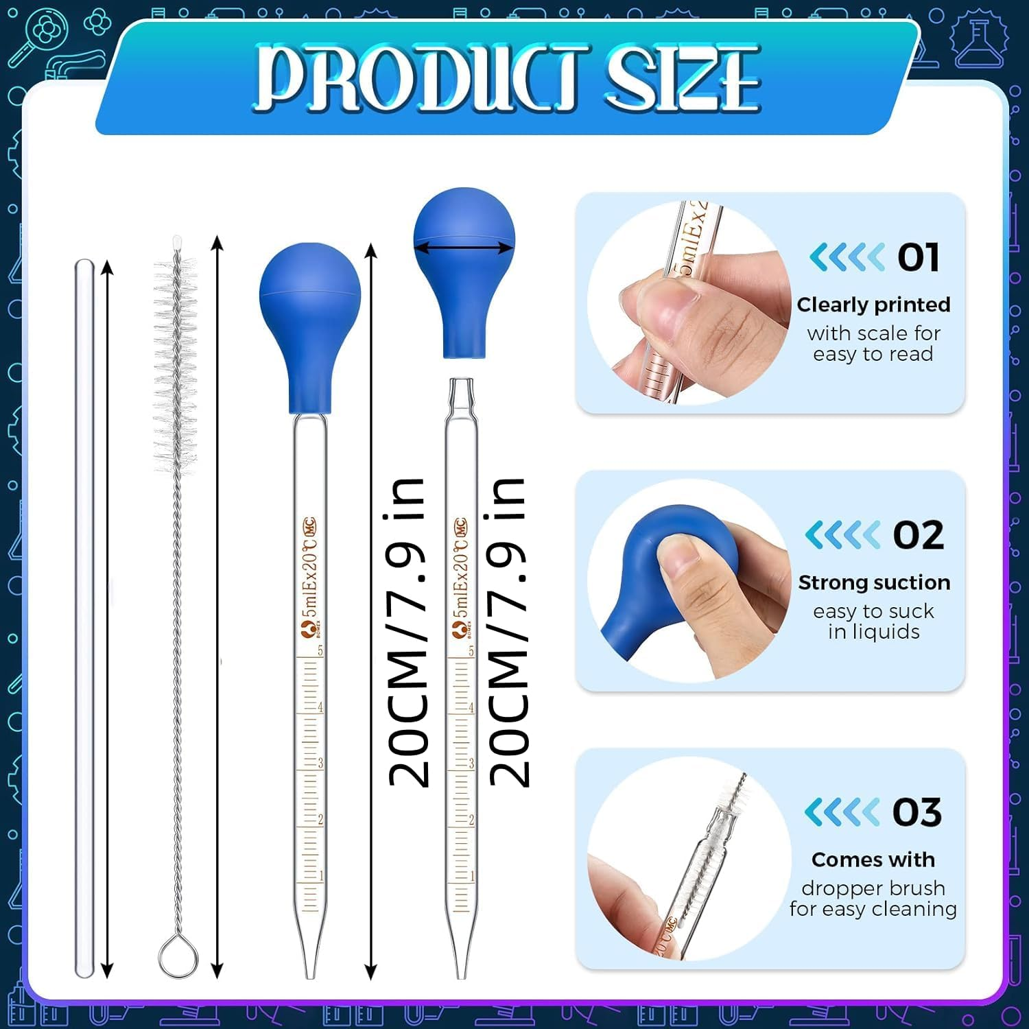 6 Pieces Glass Pipettes Graduated Dropper,0.5Ml /1Ml/ 2Ml/ 3Ml /5Ml /10Ml Glass Pipettes Graduated Dropper,Long Glass Pipette Dropper with 6 Rubber Caps and 1 Pcs Droppers Brush image number 1