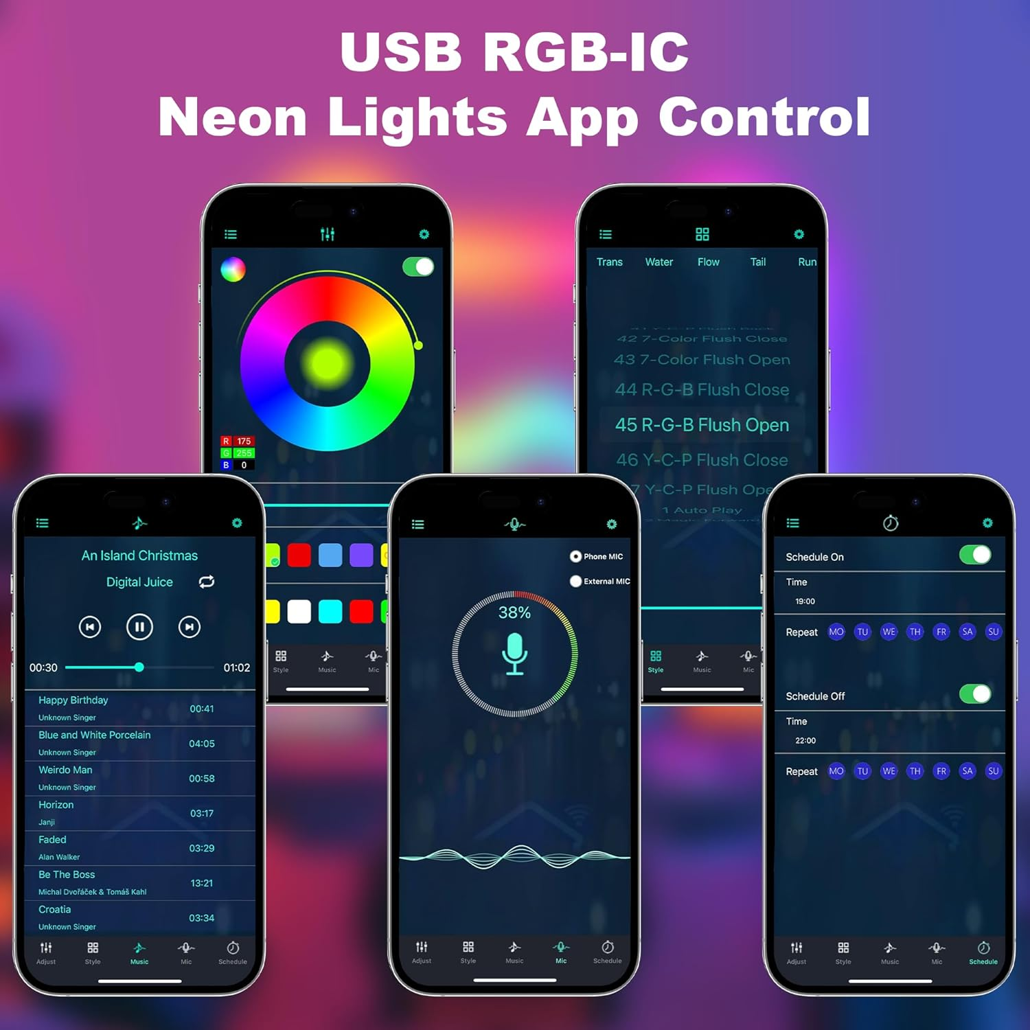 Cozylady USB Neon Rope Lights 3M,Waterproof 10Ft RGB+IC LED Rainbow Lights with Bluetooth App/Remote Control,Music Sync,Running Effect Neon Strip Light for Bedroom Gaming Wall Decor Outdoor image number 5