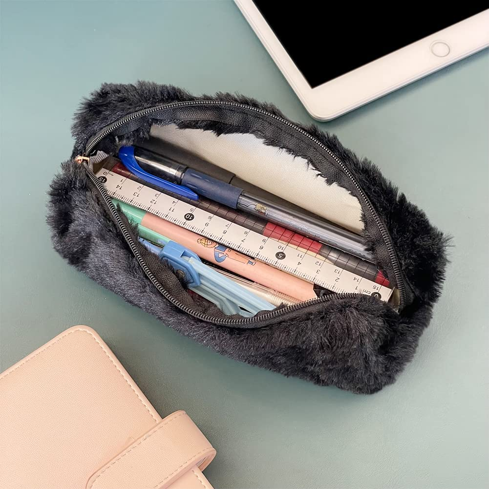 Pencil Cases - Pen Bag Girl Cute Plush Octagonal Pencil Case Makeup Pouch Holder Super Soft Fluffy Faux Fur Barrel Kids Students Stationery Cover Storage Bag for School Office or Home (Black) image number 1
