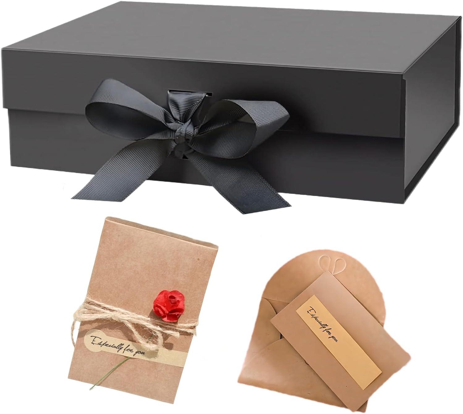 MAIHUO Black Gift Boxs, Magnetic Box with Lid, 22 X 16 X 8.8 Cm Cardstock Gifts Box,With Ribbon and Rose Card