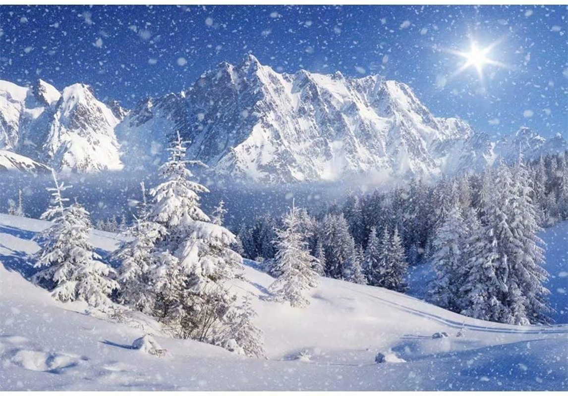 Laeacco Winter Snow Mountain Landscape Vinyl New Year Backdrop 10X6.5Ft Christmas Theme Background Dreamy Flying Snow Scenery Dazzling Sunshine Snowfield Snowy Pine Forest Children Adults Portraits image number 6