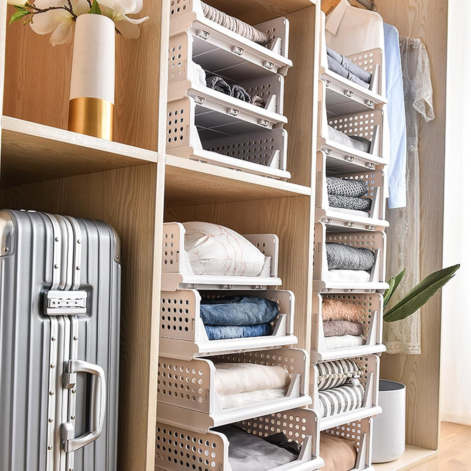 GMYMTM 4Pcs Large Stackable Plastic Storage Basket Bins Foldable Closet Storage Basket Drawer, Folding Organizers Clothes Drawer for Clothes, Beauty, Bathroom, Kitchen, Tools, Snacks (4L)