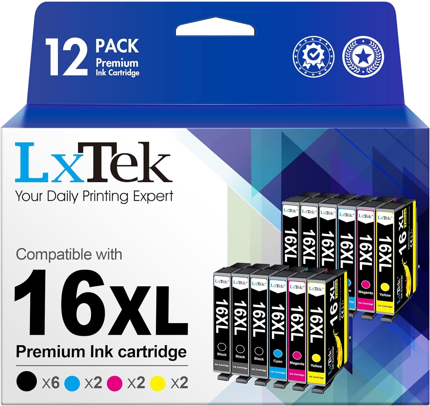 Lxtek 16XL Compatible Ink Cartridge Replacement for Epson 16 XL Ink for Epson Workforce WF-2750 WF-2760 WF-2660 WF-2650 WF-2630 WF-2540 WF-2530 WF-2010 WF-2510 (6 Black 2Cyan 2Magenta 2Yellow,12-Pack) image number 6