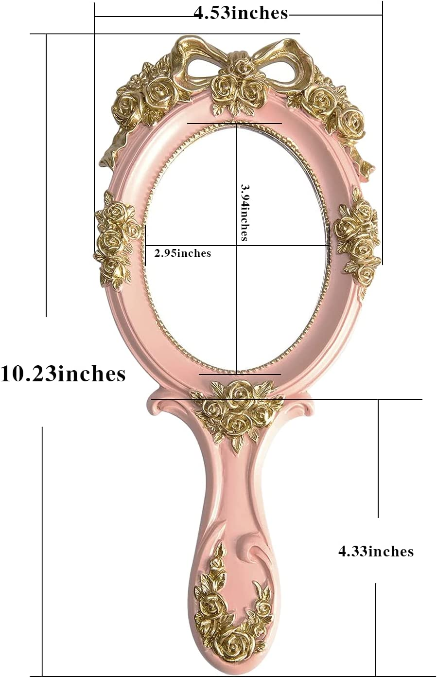 Nerien Vintage Style Rose Hand Held Mirror Princess Oval Vanity Mirror Pink image number 4