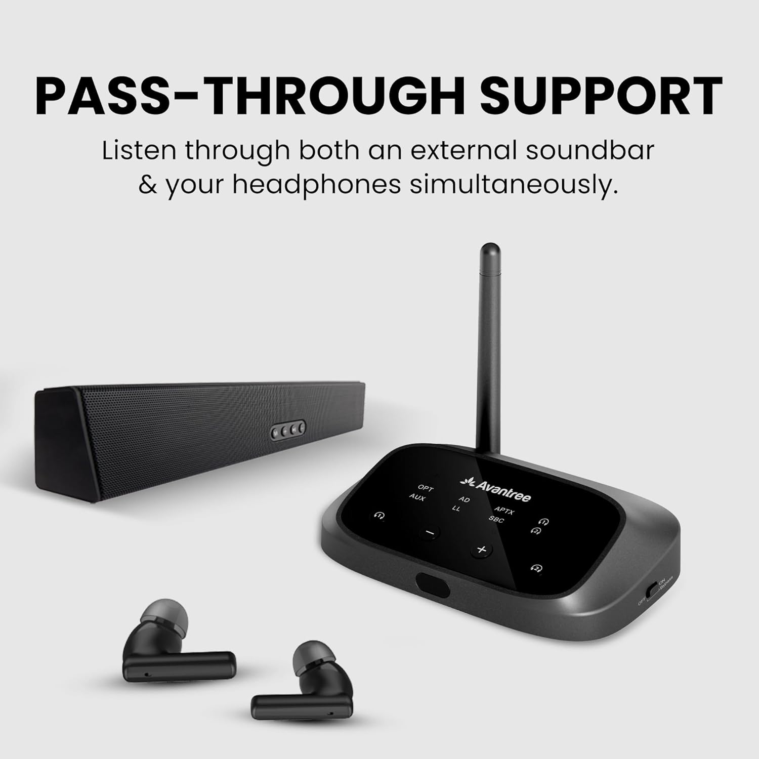 Avantree Oasis plus 2 - Bluetooth 5.3 Transmitter for TV with Remote Volume Control, Aptx-Adaptive, and Soundbar Passthrough, Compatible with Optical or AUX Ported Tvs image number 4