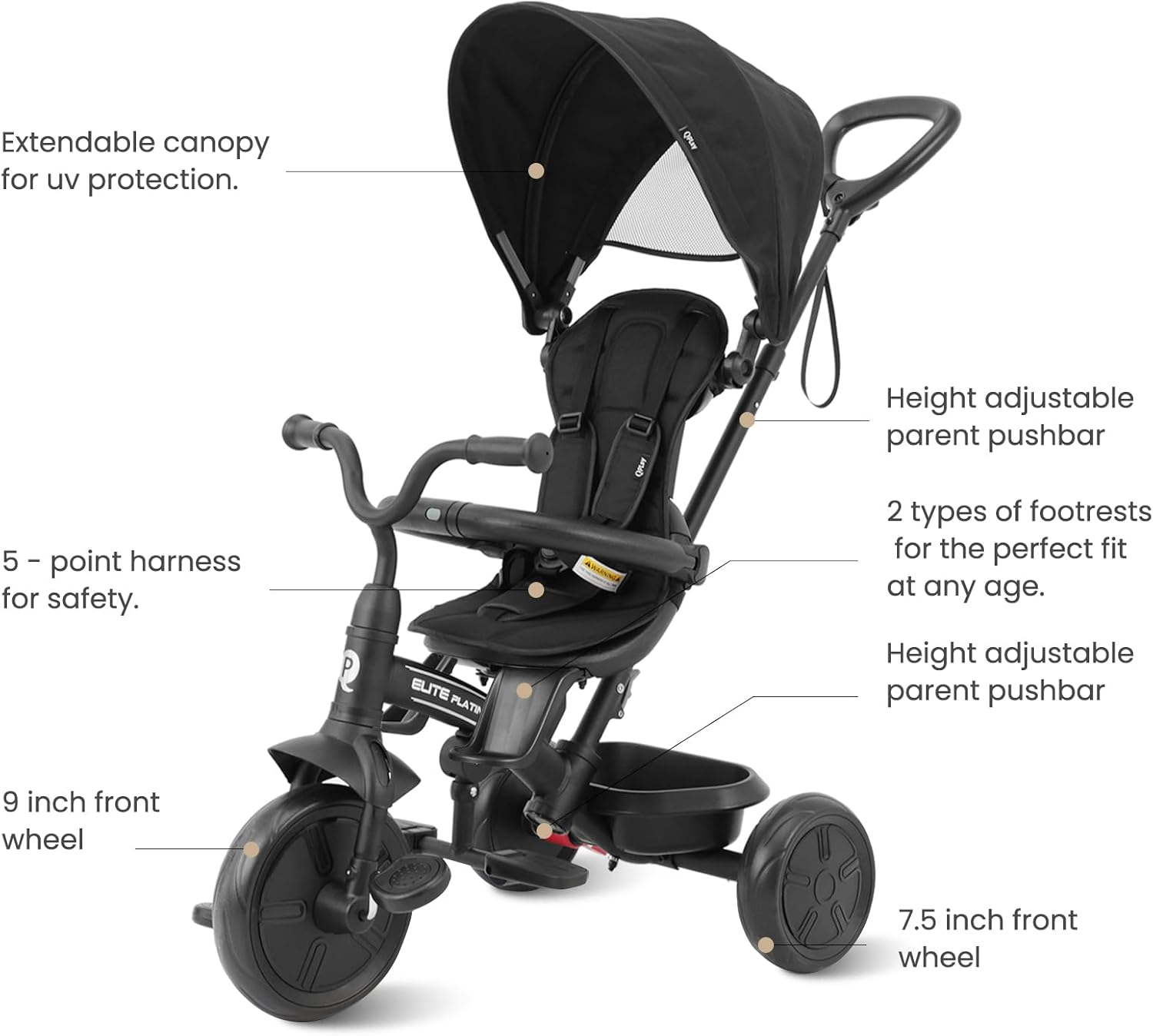 6 in 1 Baby Tricycle Ages 10 Months - 6 Years, Toddler Tricycle Stroller with Adjustable Parent Handle,Safety Harness & Wheel Brakes,Removable Canopy, Kids Trike Bike Gifts for Boys & Girls image number 4