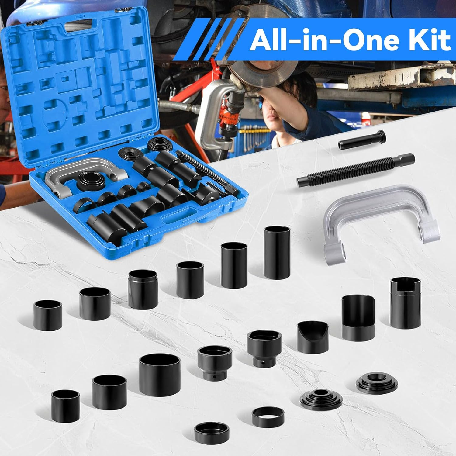 21PCS Master Ball Joint Press Kit, Ball Joints Upper and Lower Kit Ball Joint Removal Tool, U Joint & Brake Anchor Pin Press Kit, C Frame Bushing Press Set for Most 2WD and 4WD Cars and Light Trucks image number 5