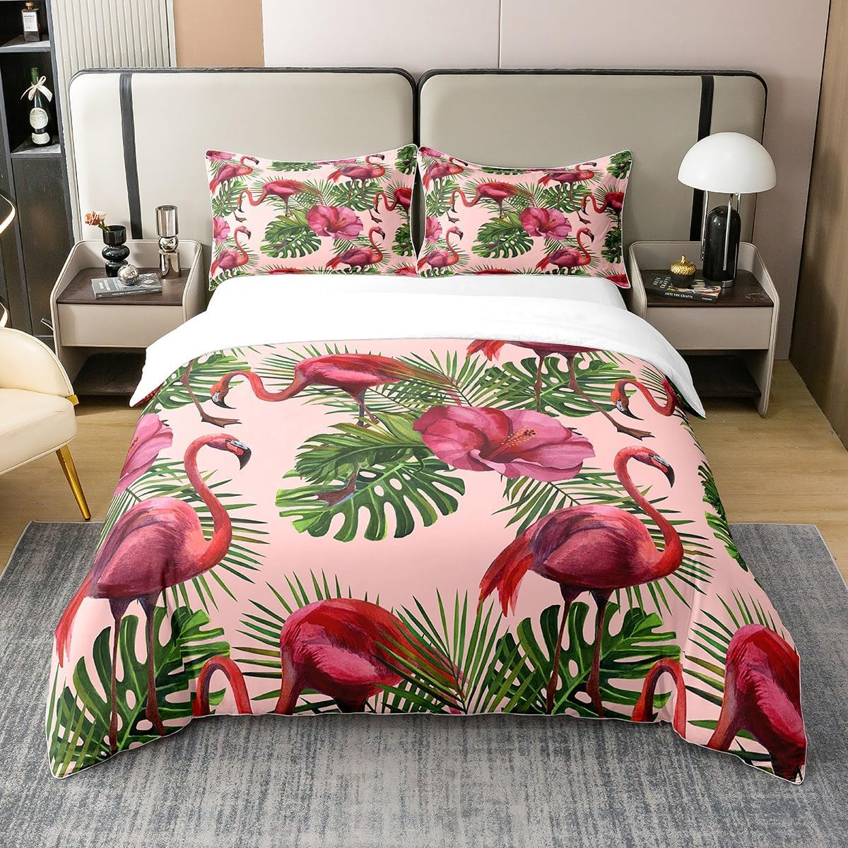 Loussiesd Flamingo Duvet Cover Set 155 X 220 Cm Children'S Tropical Flamingo Flroal Bed Set for Boys Teenagers Tropical Leaves Flower Bedding Set 100% Cotton Leaf Pattern Red Bedding Set