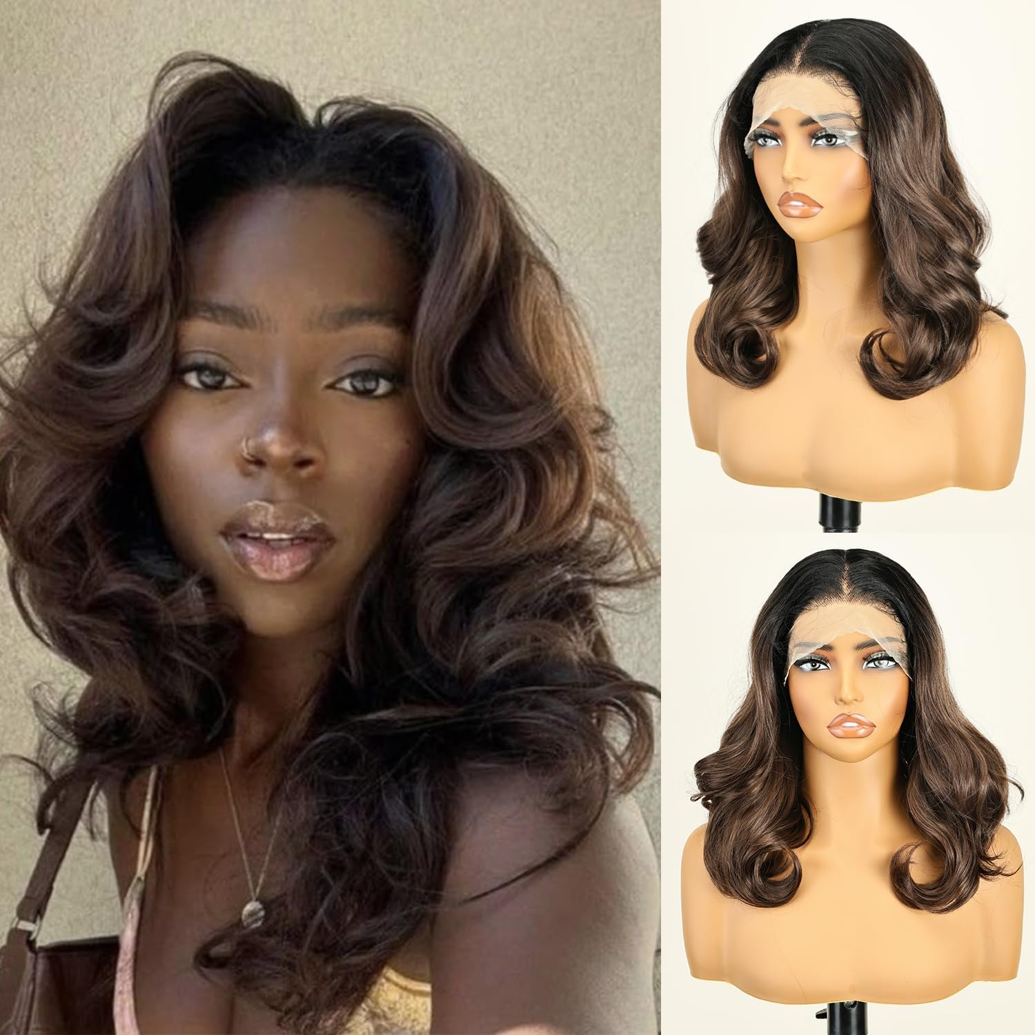 18" Dark Brown Synthetic Hair Wigs for Women 5" X 2.4" Open Parting with See through Lace Ready to Use