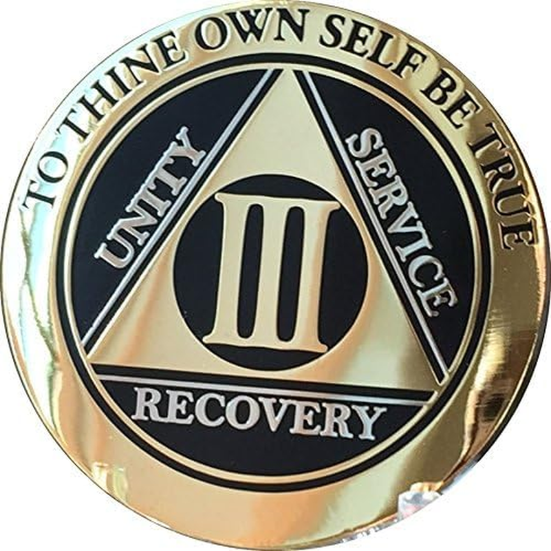 3 Year AA Medallion Glossy Elegant Black Gold Silver Bi-Plate Sobriety Chip image number 5