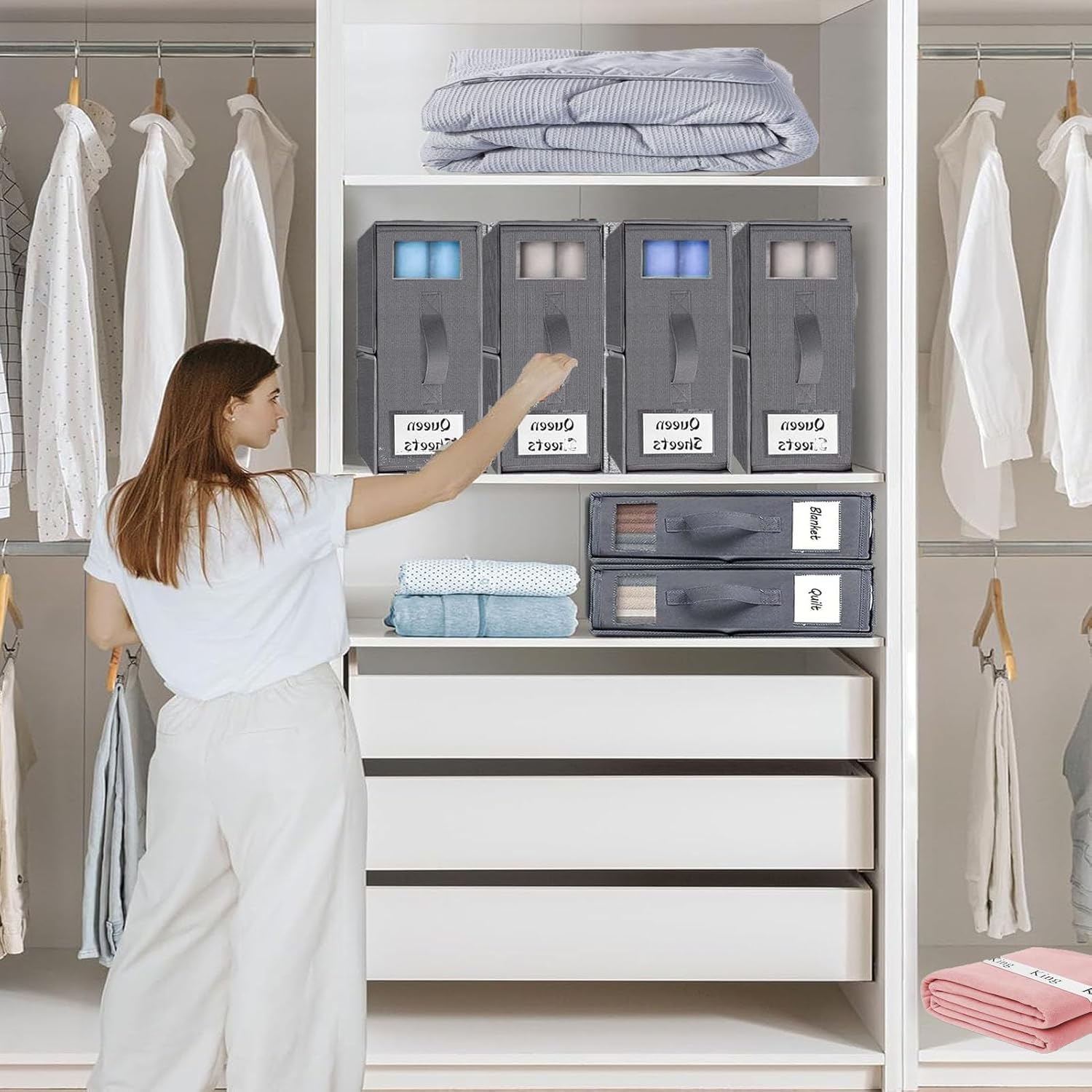 Bed Sheet Organizer,2Pack Foldable Linen Bedding Sheet Storage Box with Window and Label,Closet Organizer Organizing Bedding Container Box for Linen Closet,Bed Sheets,Duvet Covers,Blankets,Pillowcases image number 5