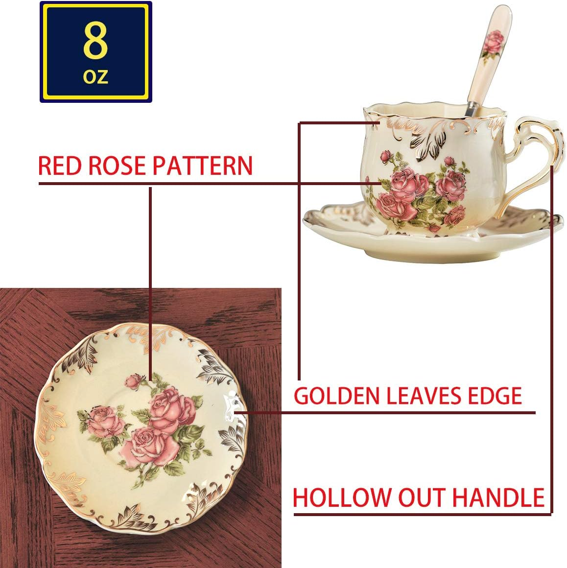 YOLIFE Red Rose Pattern Ivory Ceramic Cups and Saucers Set,Fancy Coffee Cups Set of 6 with Golden Metal Rack