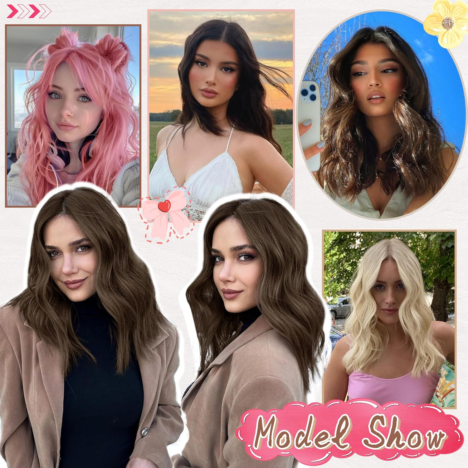 BUPPLER Burgundy Red Wig 45.72 Cm Medium Length Wigs for Women Middle Parting Synthetic Hair Wavy Wig with Improved Strands, Natural Wig for Everyday Party/Halloween image number 6