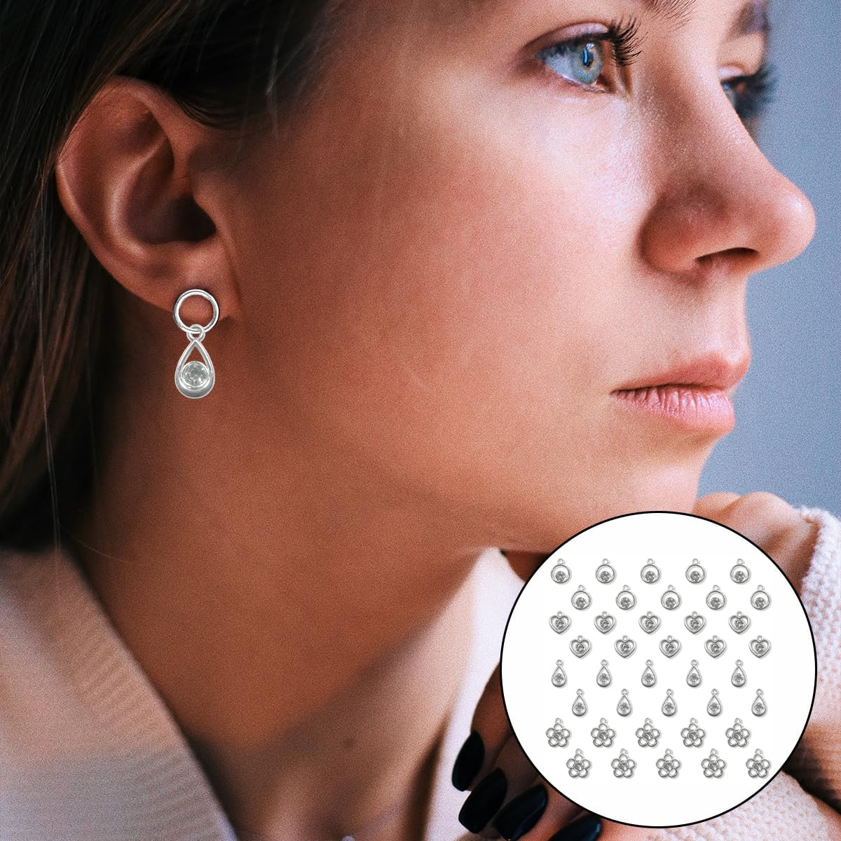 Rhinestone Pendant, 50 PCS Silver Star Heart Flower Teardrop round Charms for Jewelry Making, Bracelet, Necklace, Earring Accessories (About 14Mm) image number 3