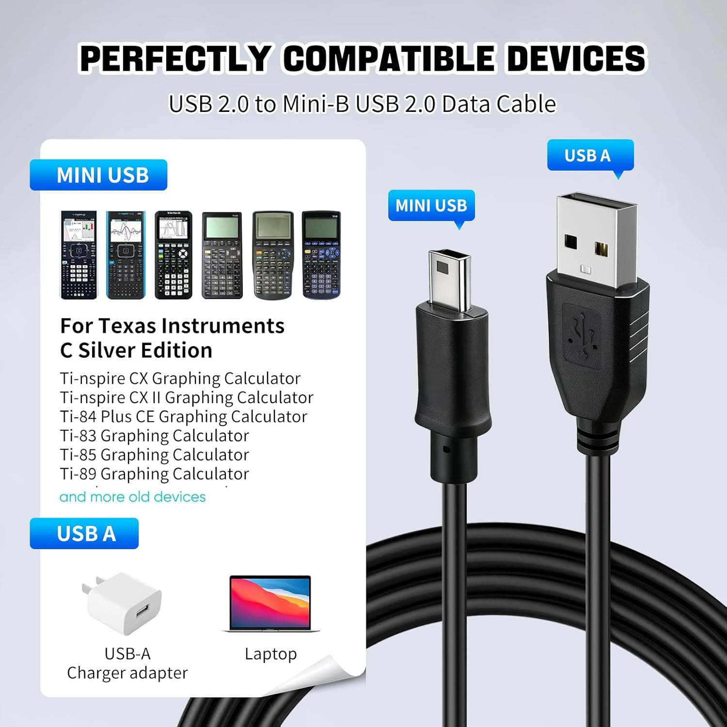 Ti 84 plus Ce Charger, Ti84 plus Ce Charger Cable for Texas Instruments Calculators TI84 plus TI-84 C Silver Edition TI 89 Titanium TI Nspire CX TI Nspire CX CAS Calculator Charger image number 4