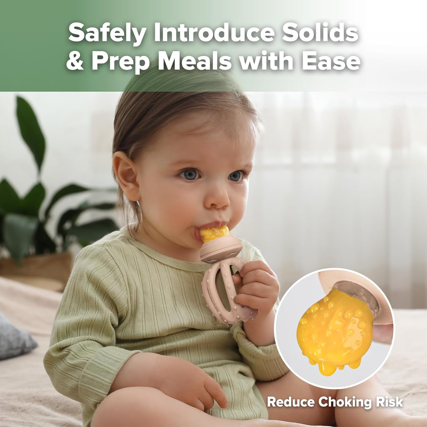 Haakaa Octopus Baby Fruit Food Feeder & Mini Freezer Nibble Tray Combo, Breastmilk Popsicle Molds for Cooling Relief, BPA Free Silicone Feeder for Safe Infant Self Feeding, 4 Month+ (Blush) - Mustard image number 7